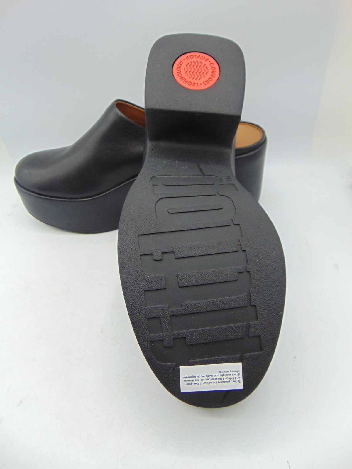 FITFLOP Pilar Black Leather Platform Block Heel Slip On clogs Mule Sz 8 NEW