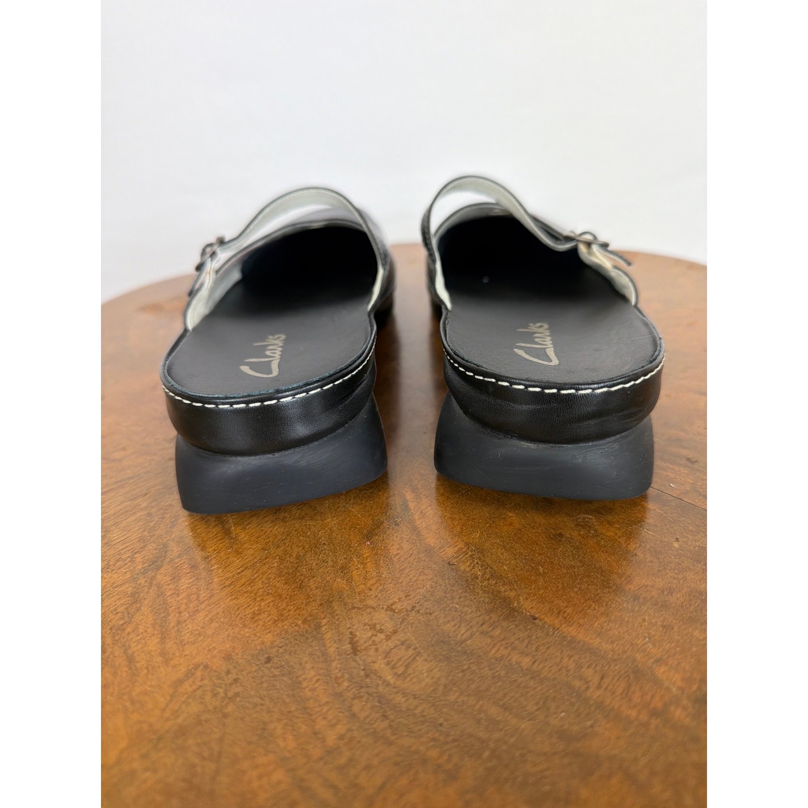 Clarks Black White Contrast Stitch Leather Mary Jane Mules Adj Strap Size 10