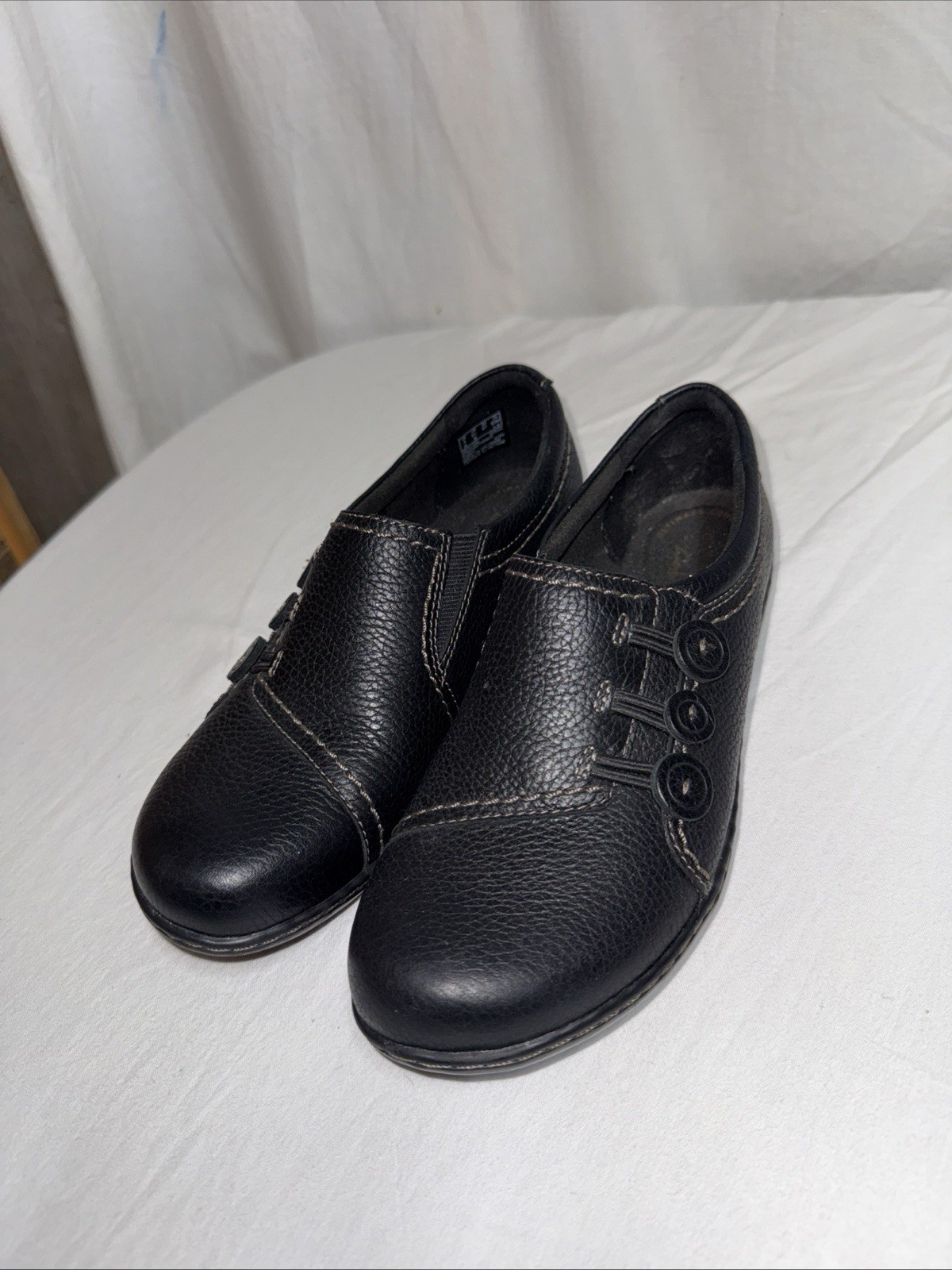 Clark’s Collection Black LEATHER Slip On Comfort Walking Shoes 6.5M Vguc
