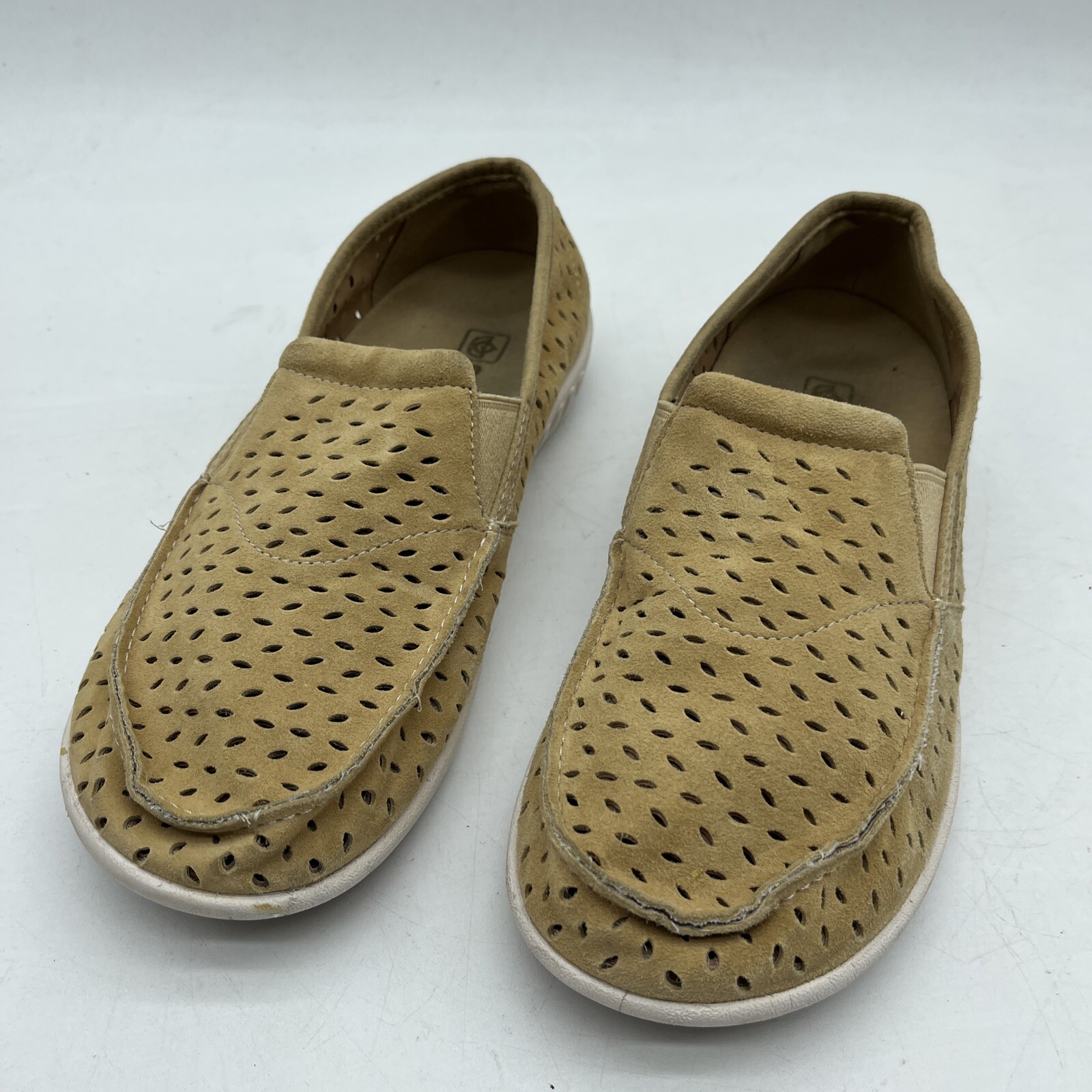 Spenco Bailey Slip On Loafer Flat Womens 8.5 Laser Cut Suede Brown Orthotic Shoe