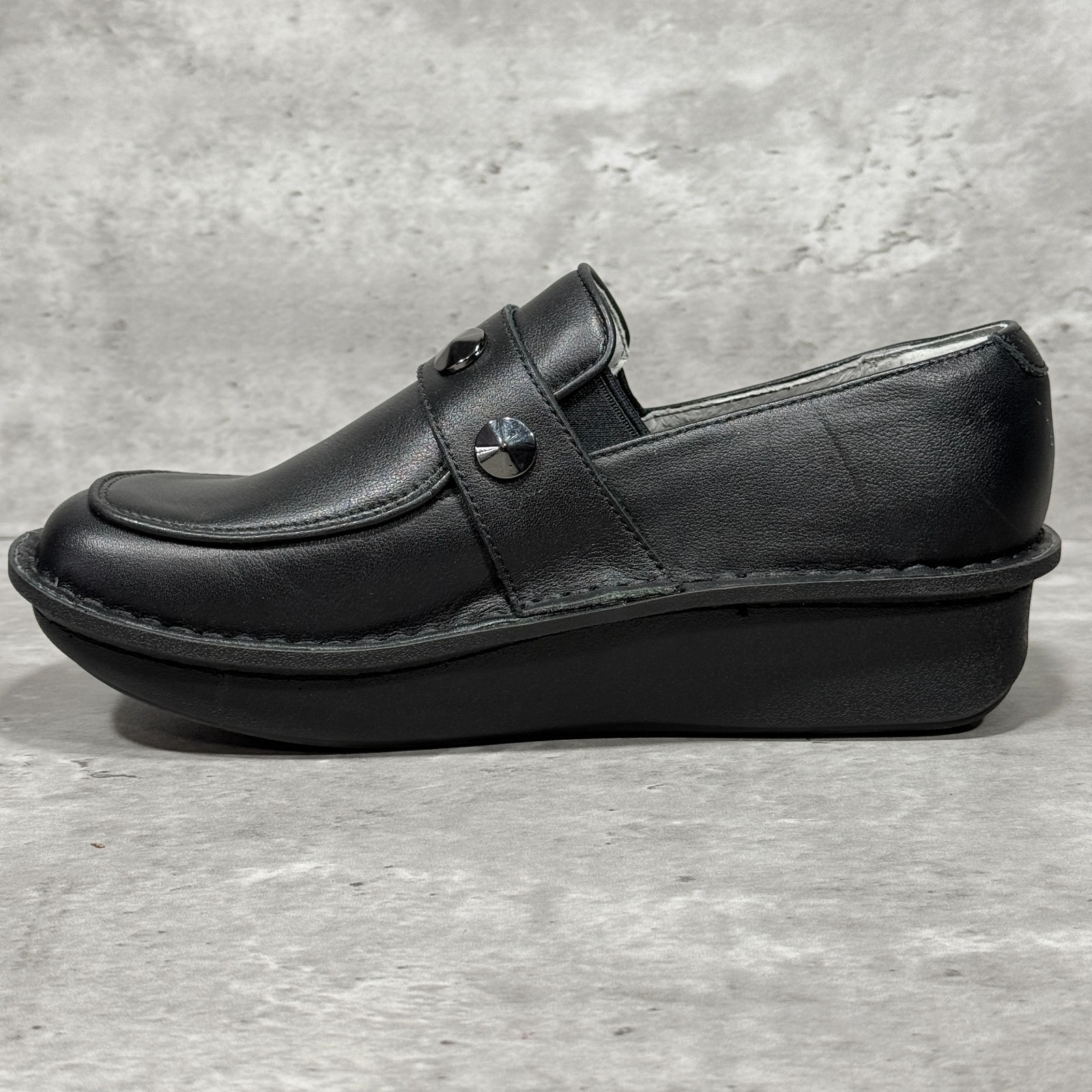 Alegria Ericka Black Leather Studded Strap Hook & Loop Wedge Shoes Women’s 8-8.5