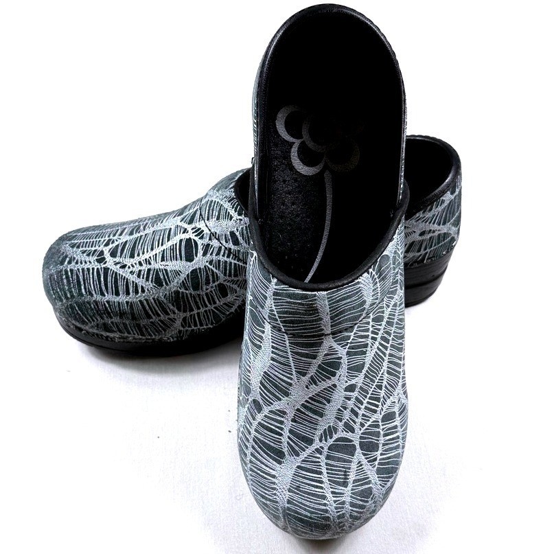 Sanita Professional Clogs Womens 38 Grey White Web Pattern Leather Nursing Shoes