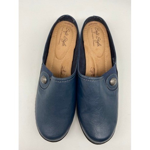 Soft Style Hush Puppies Mules Womens 9 Wide Blue Leather Button Slip On Clogs