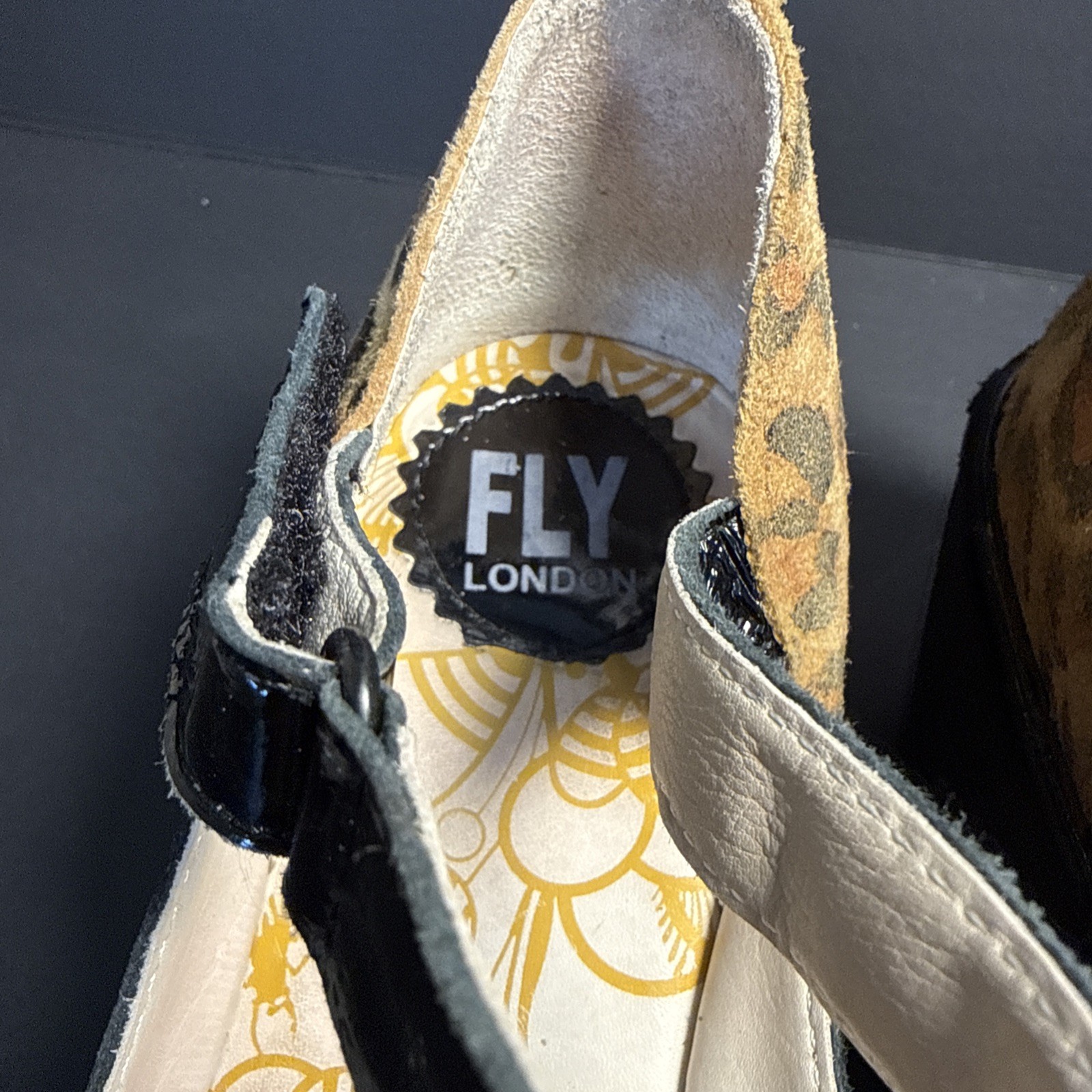 Fly London Leather Women’s Wedge Black Patent Leopard Suede Heel Size 38 US 8