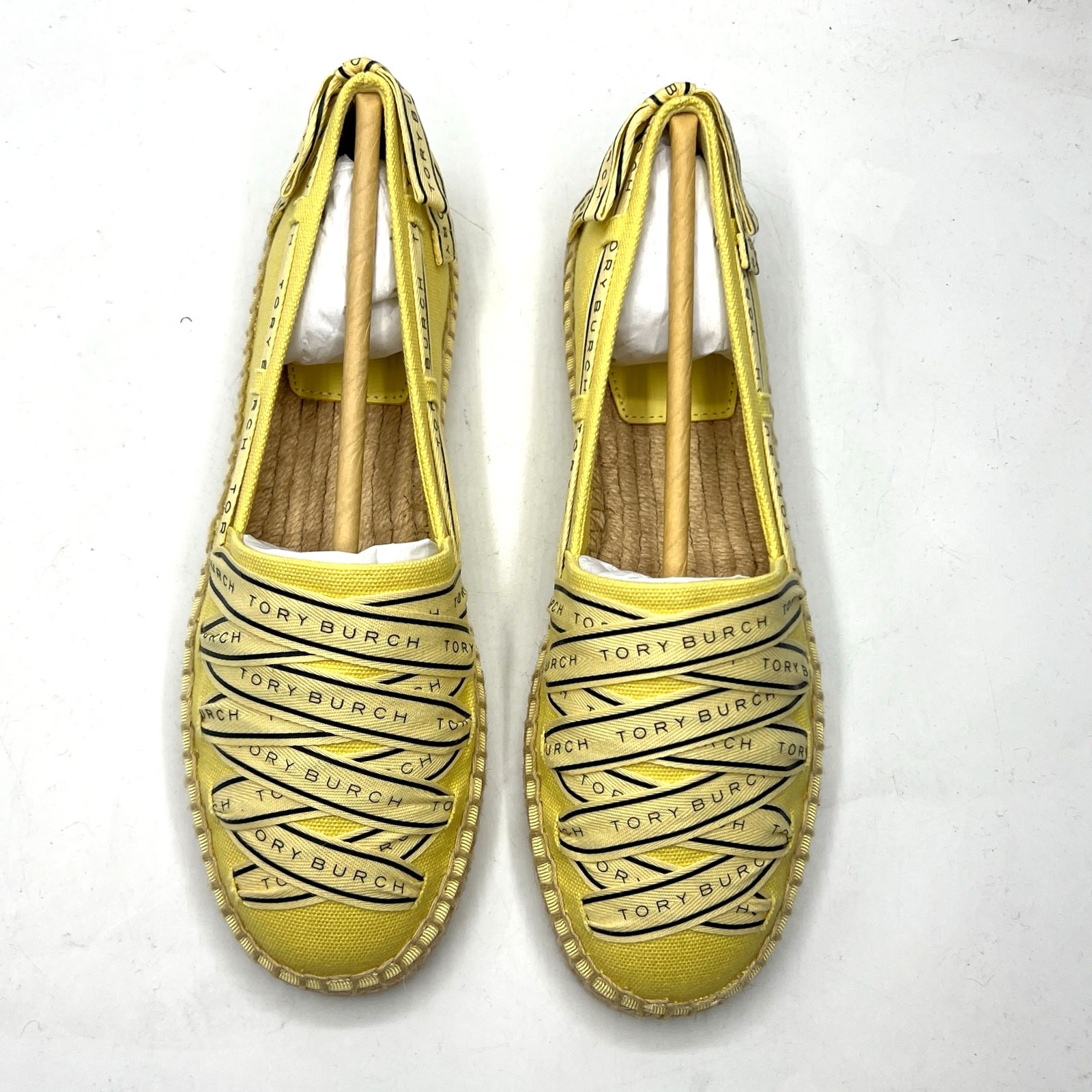 Tory Burch Tory Ribbon Espadrille Blonde Straw Dark Seaweed Yellow Size 7 NEW