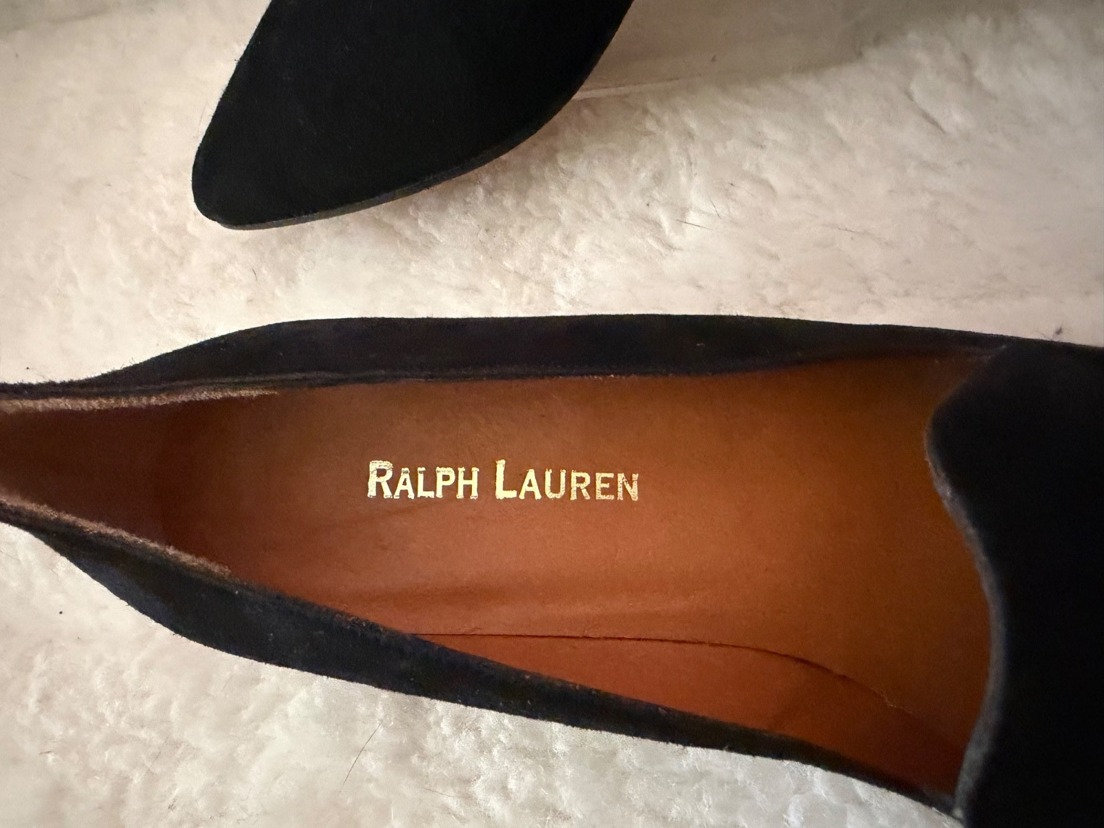 RALPH LAURED SIZE 6.5 Black Suede Covered Block Heel JADA Slip On Almond Toe