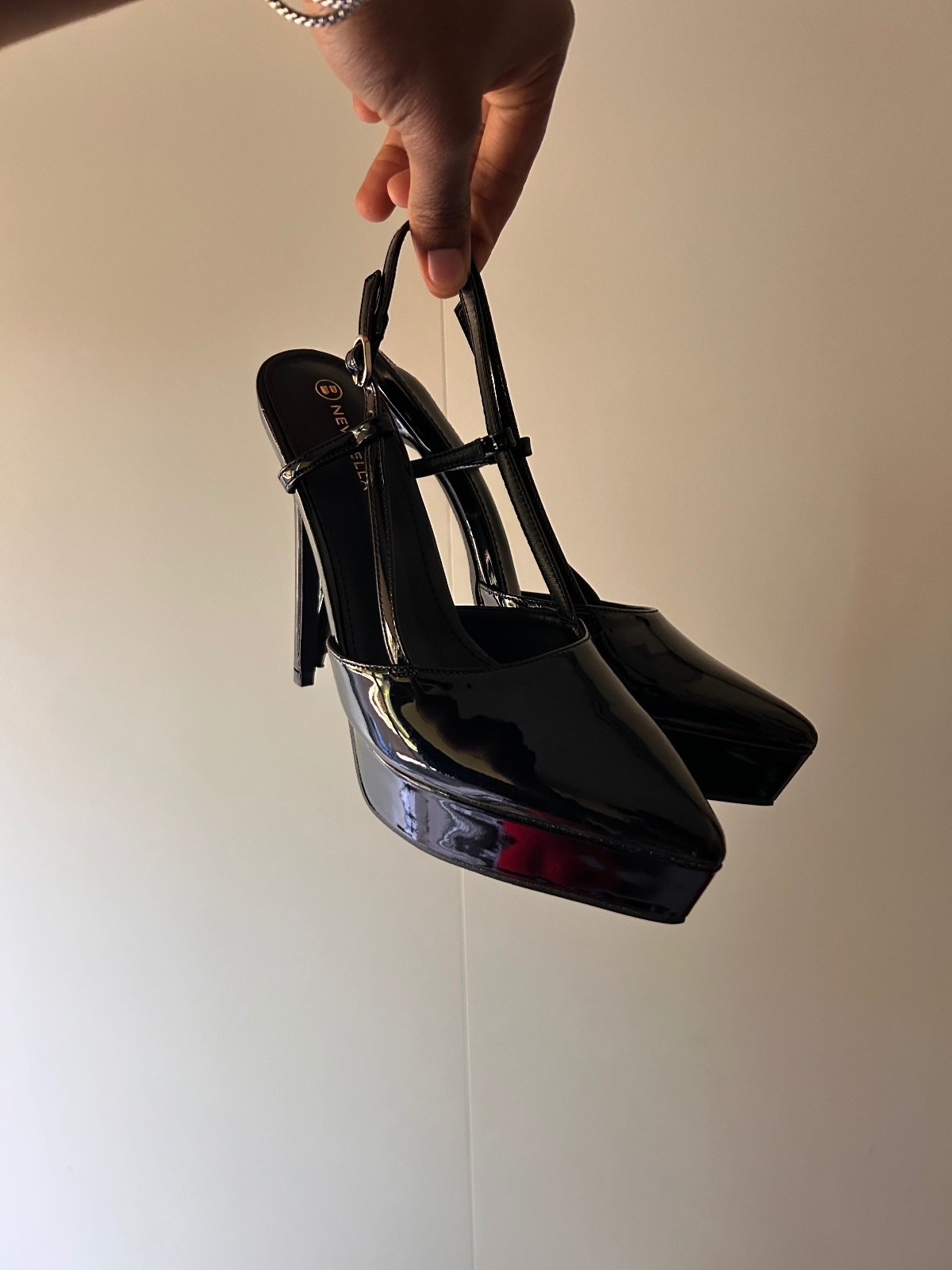 NEVEBELLA Black Patent Leather Slingback High Heel Pumps