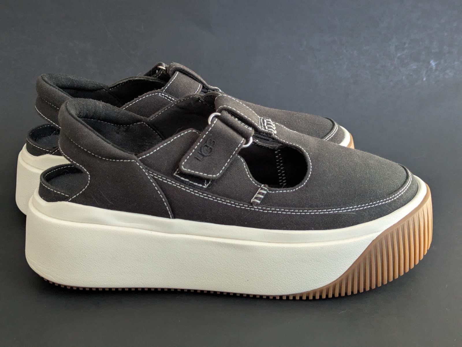 UGG EZ-Duzzit T-Strap 1167500-BLK Sneakers Women’s 7B Black Platform Shoes DNNY9