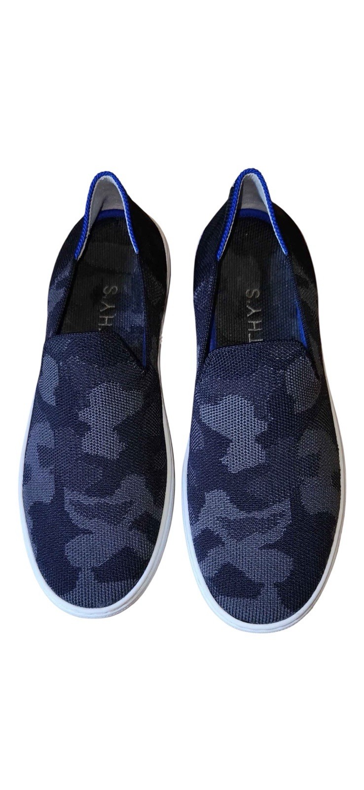 Rothy’s Black and Blue Loafers Urban Camouflage Slip On Sneakers Knit Shoes