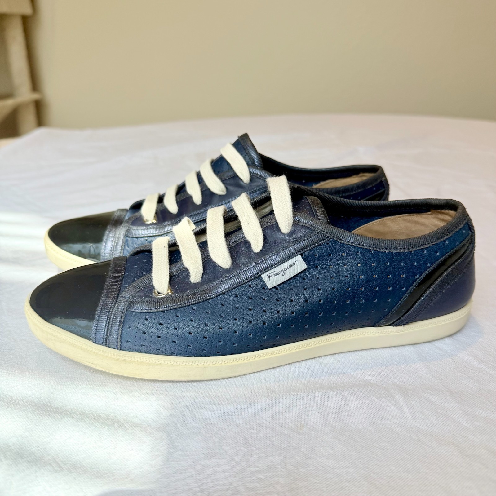 Salvatore Ferragamo Soho Perforated Sneakers Navy Leather Women’s Size 7.5 M