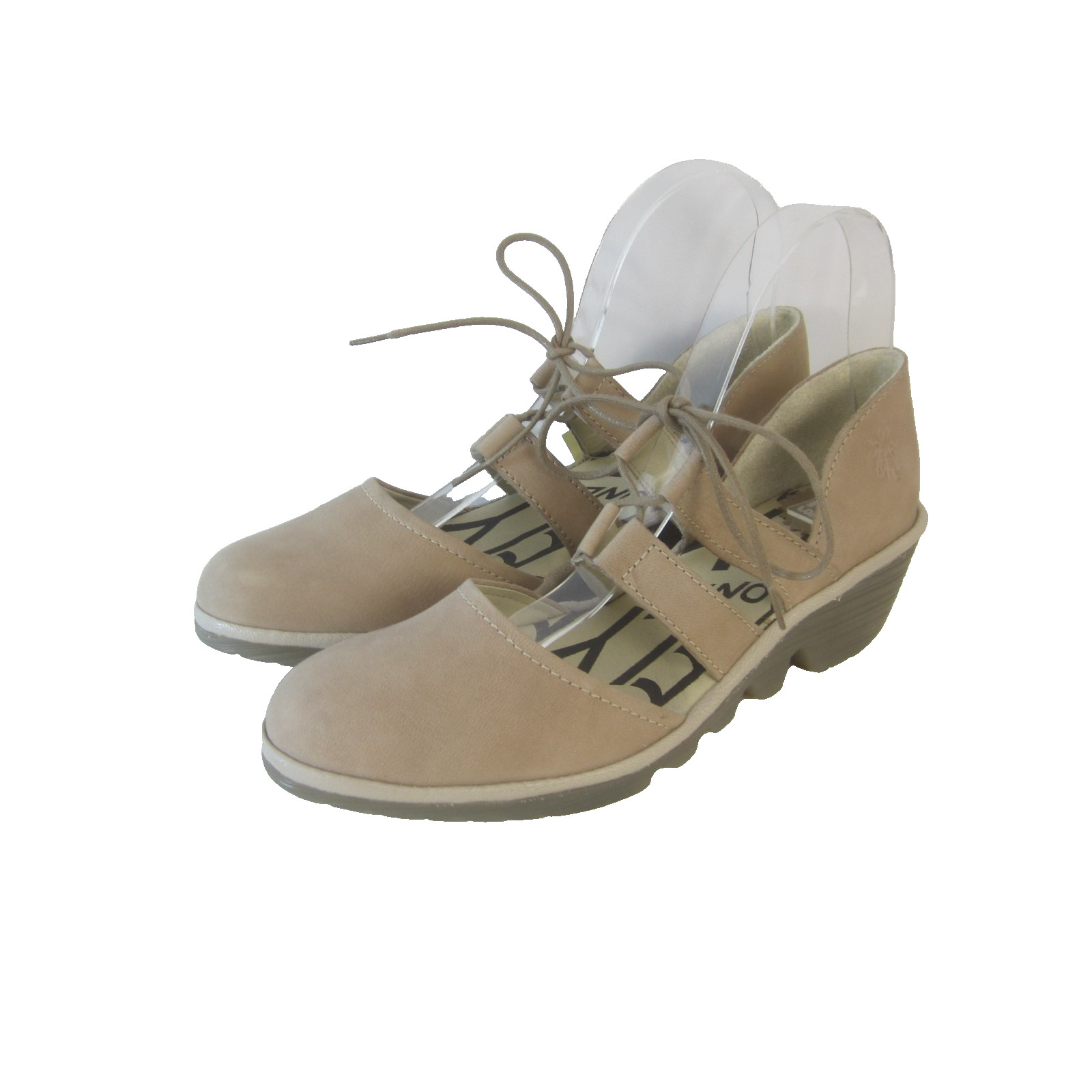 New Fly London Women 8 – 8.5 Tan Beige Mary Jane Lace Up Wedge Shoes Size 39
