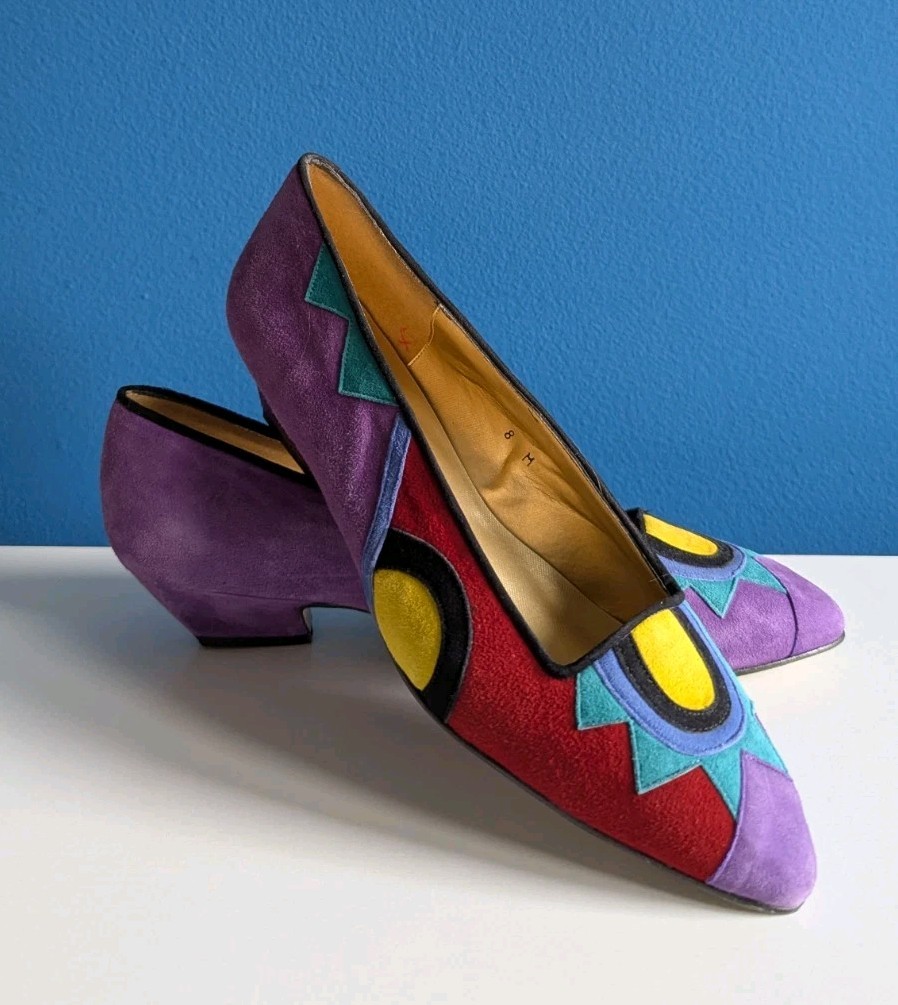 Deadstock Vtg 80’s 90’s Cha-Raye Spain Low Pumps Heels 8 Colorful Suede RARE