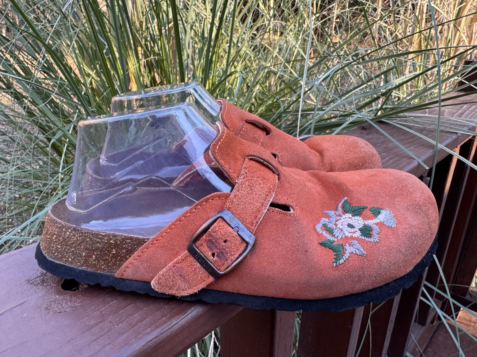 Betula Birkenstock Orange Floral Suede Closed Toe Slip On Clogs Mules Sz 8 N