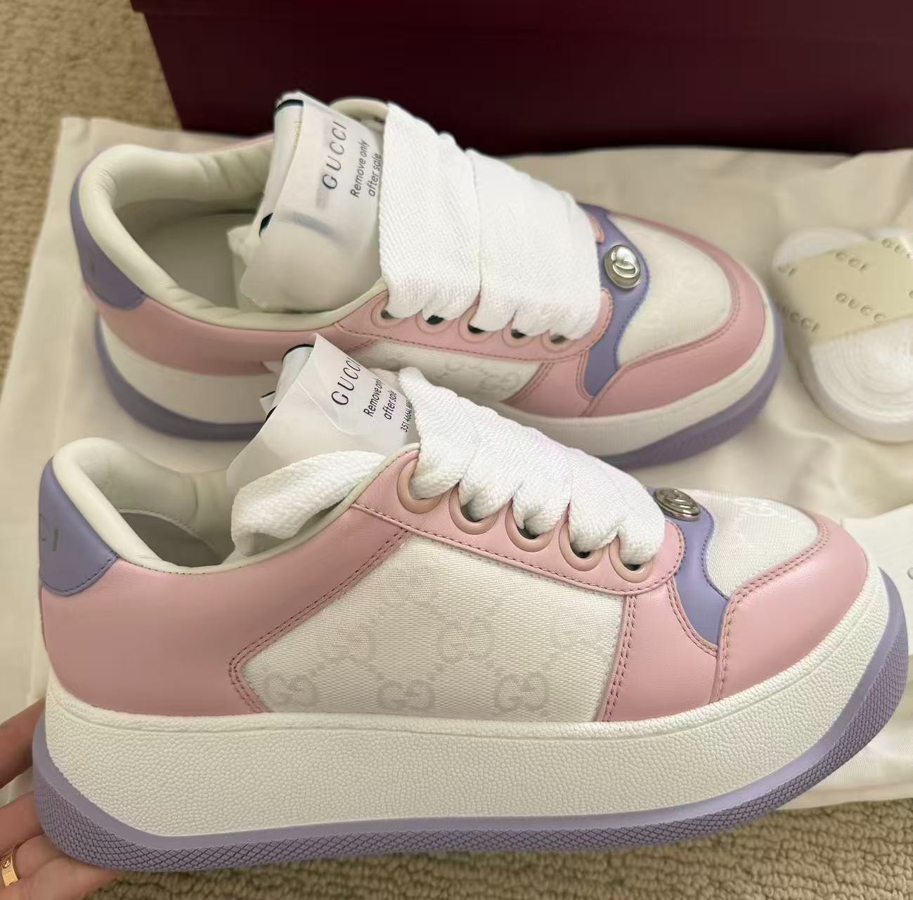 Gucci GG Women Sneakers Pink Lavender White Platform Shoes Size 37.5 Made Italy