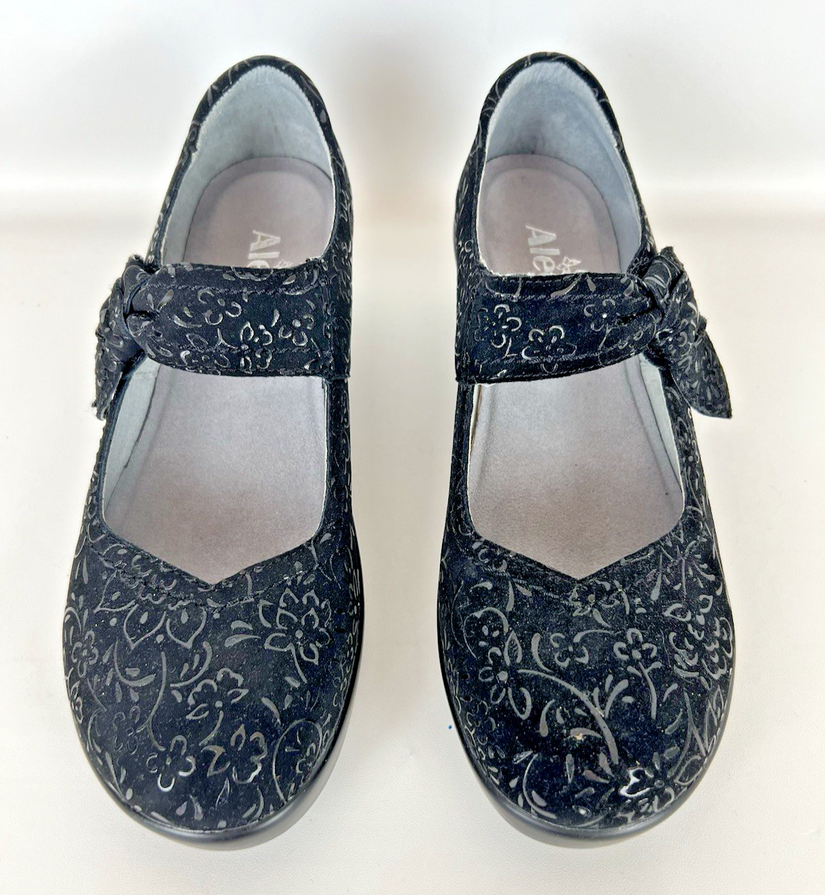 Alegria Mary Jane Clogs 38 Black Floral Embossed Leather Shoes US 8-8.5