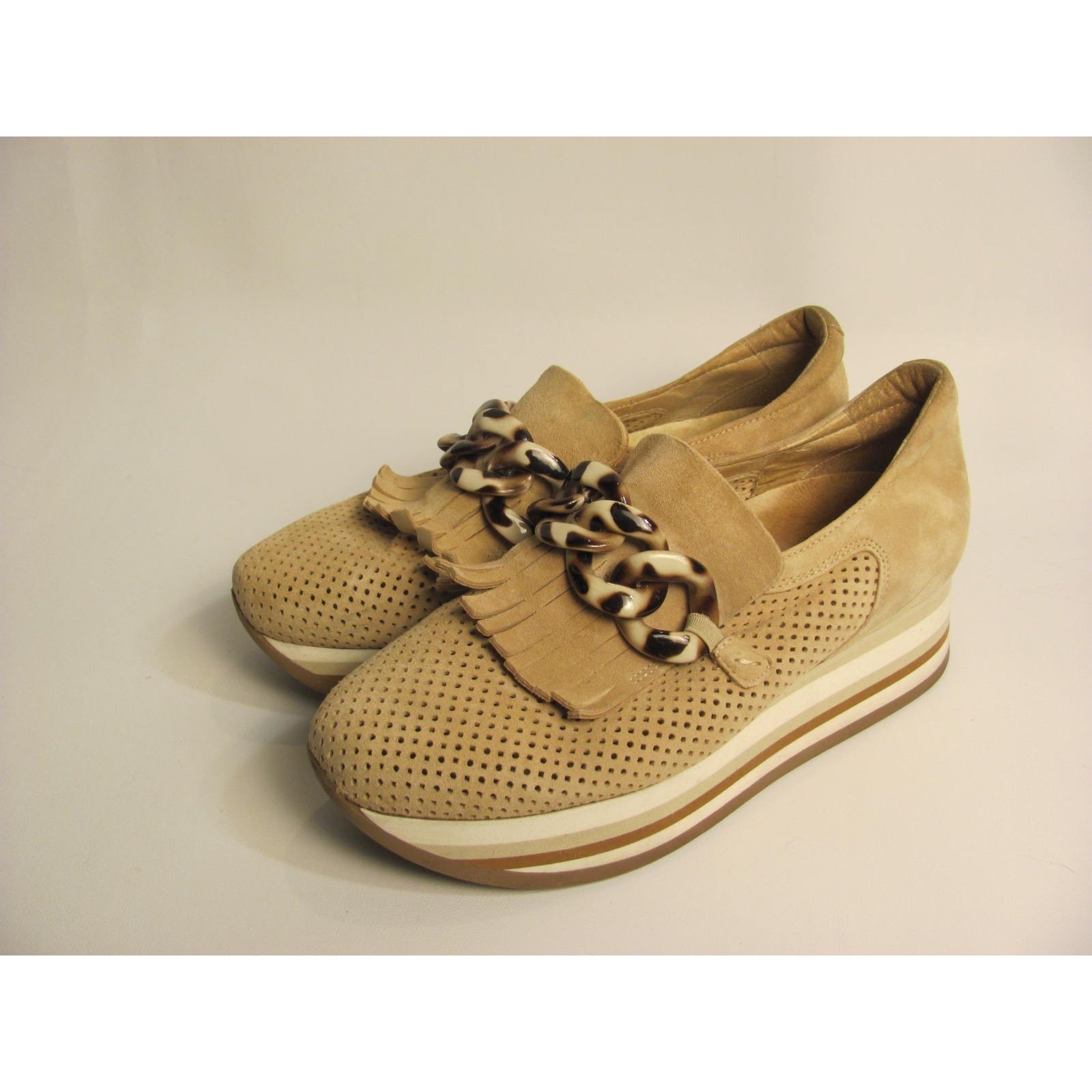 Softwaves Tan Suede Tortoise Chain Oxford Casual Sneaker Comfy Size 38