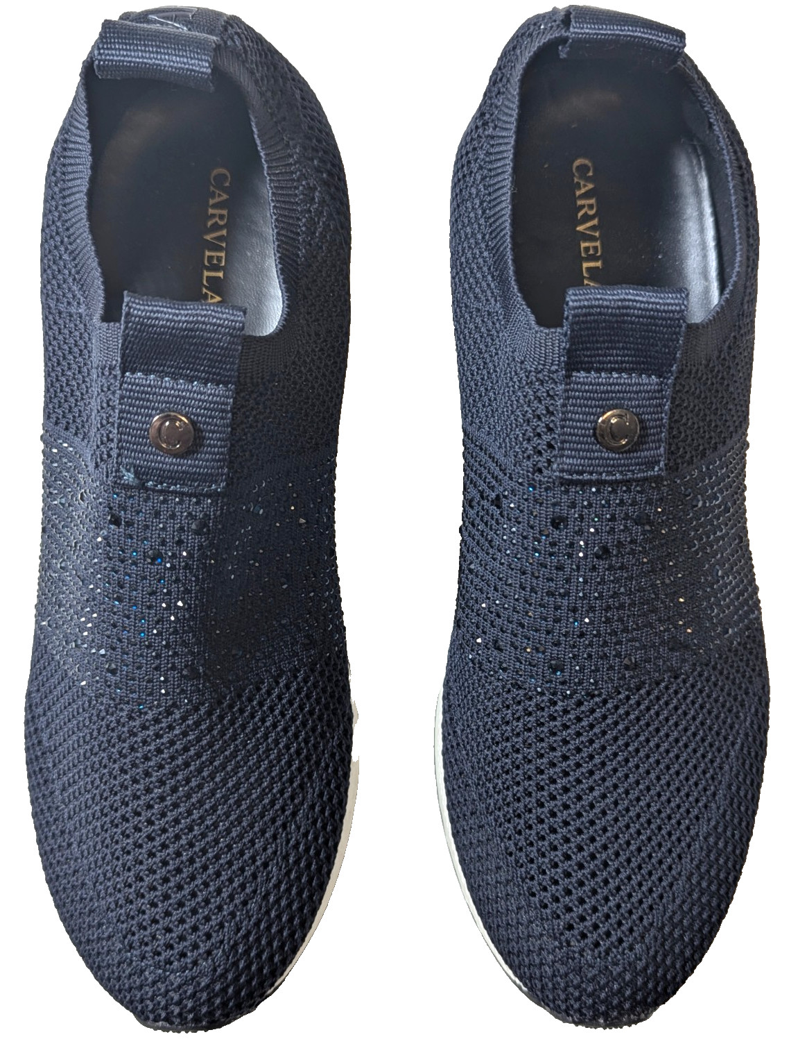 Carvela Janeiro Navy Blue Knit Wedge Sneakers Rhinestone Slip On EU 39 US 8.5