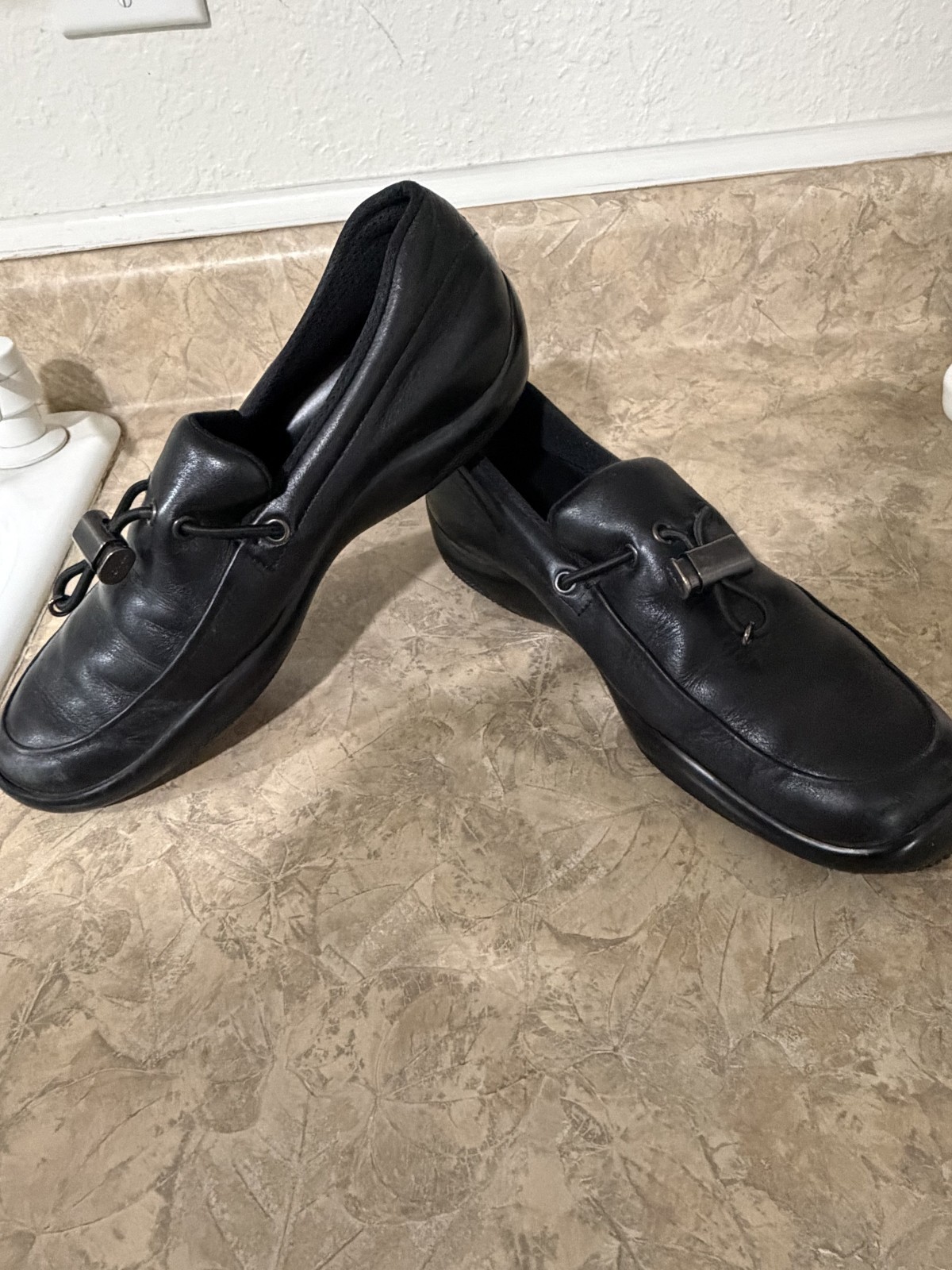 Prada Black Leather Drawstring Toggle Loafers Size 37.5 (US 7) Slip-On Moccasin