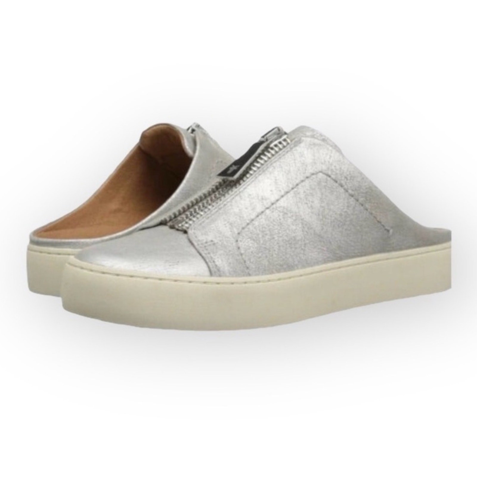 Frye Women’s Lena Logo Zipper Mule Backless Sneakers Metallic Silver Size 10