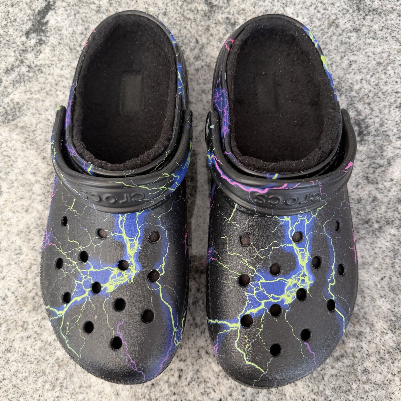 CROCS Classic Lined Clogs Black w Multicolor Lightning Bolts- Men’s 8/Women’s 10