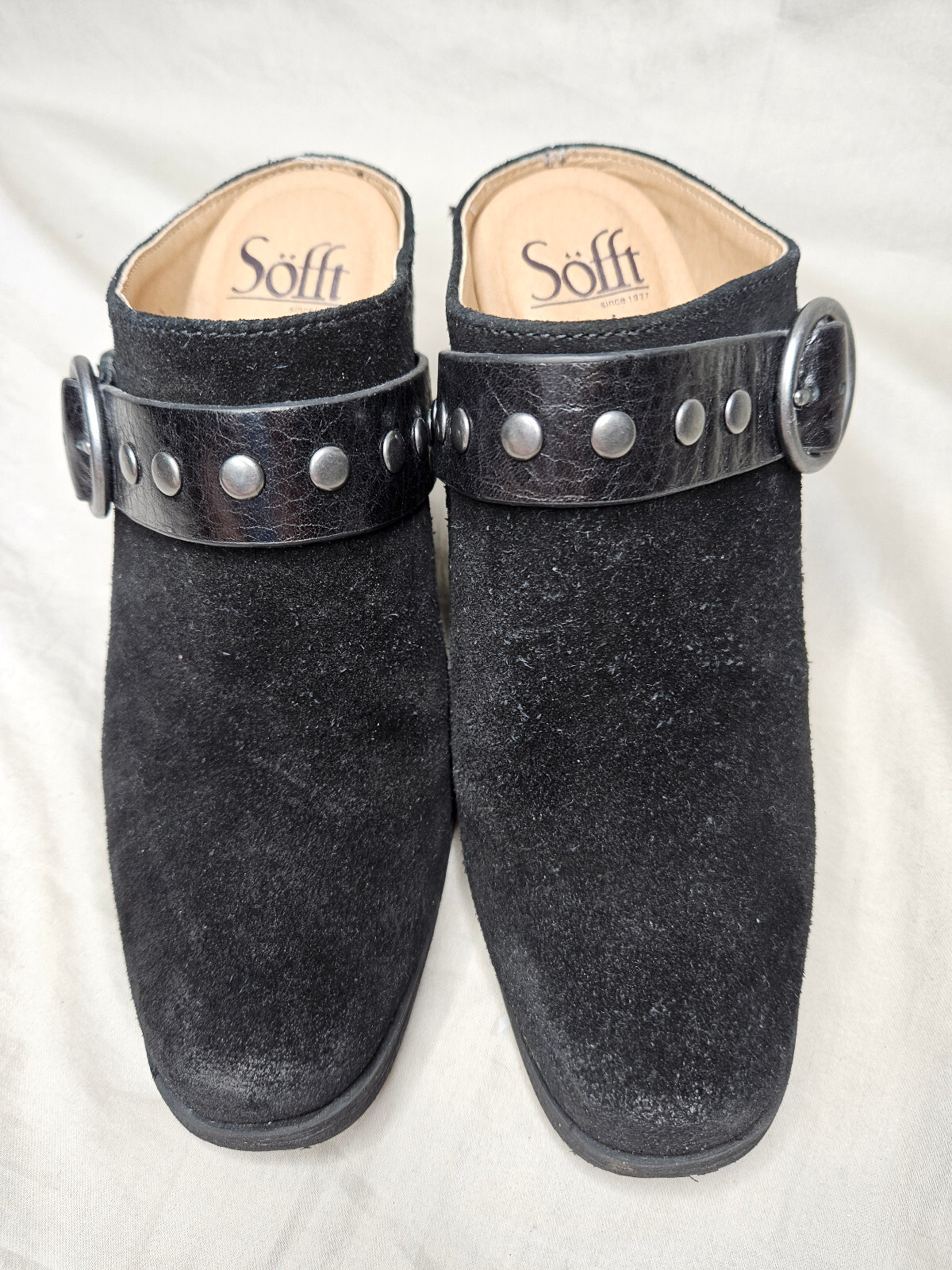 Sofft Mules Slides Womens 6 Black Leather Suede Buckle Studded Strap Block Heels
