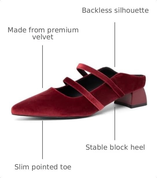 NEWBELLA Pointed Toe MULES Sz 10/Backless/Straps/Low Block Heel/Red Velvet/NEW!