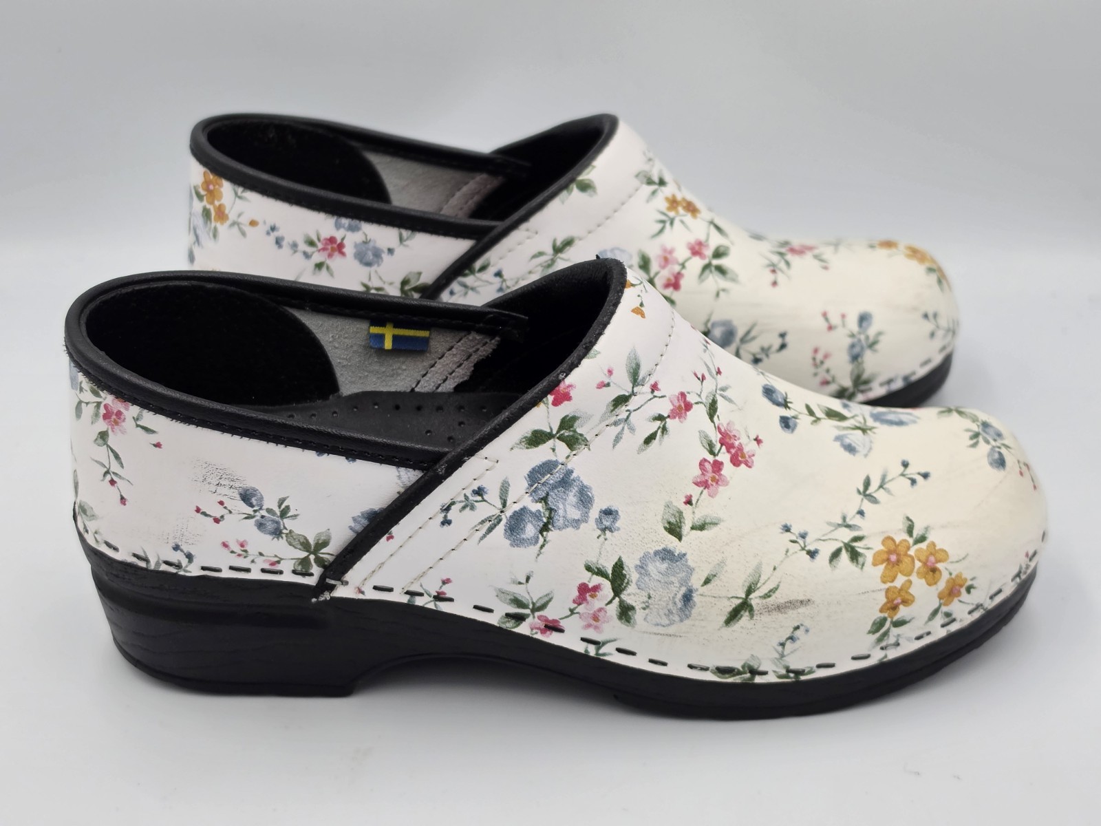 Bjork PRO Linnea Womens Leather White Floral Clogs Size EU 39-40 US 9