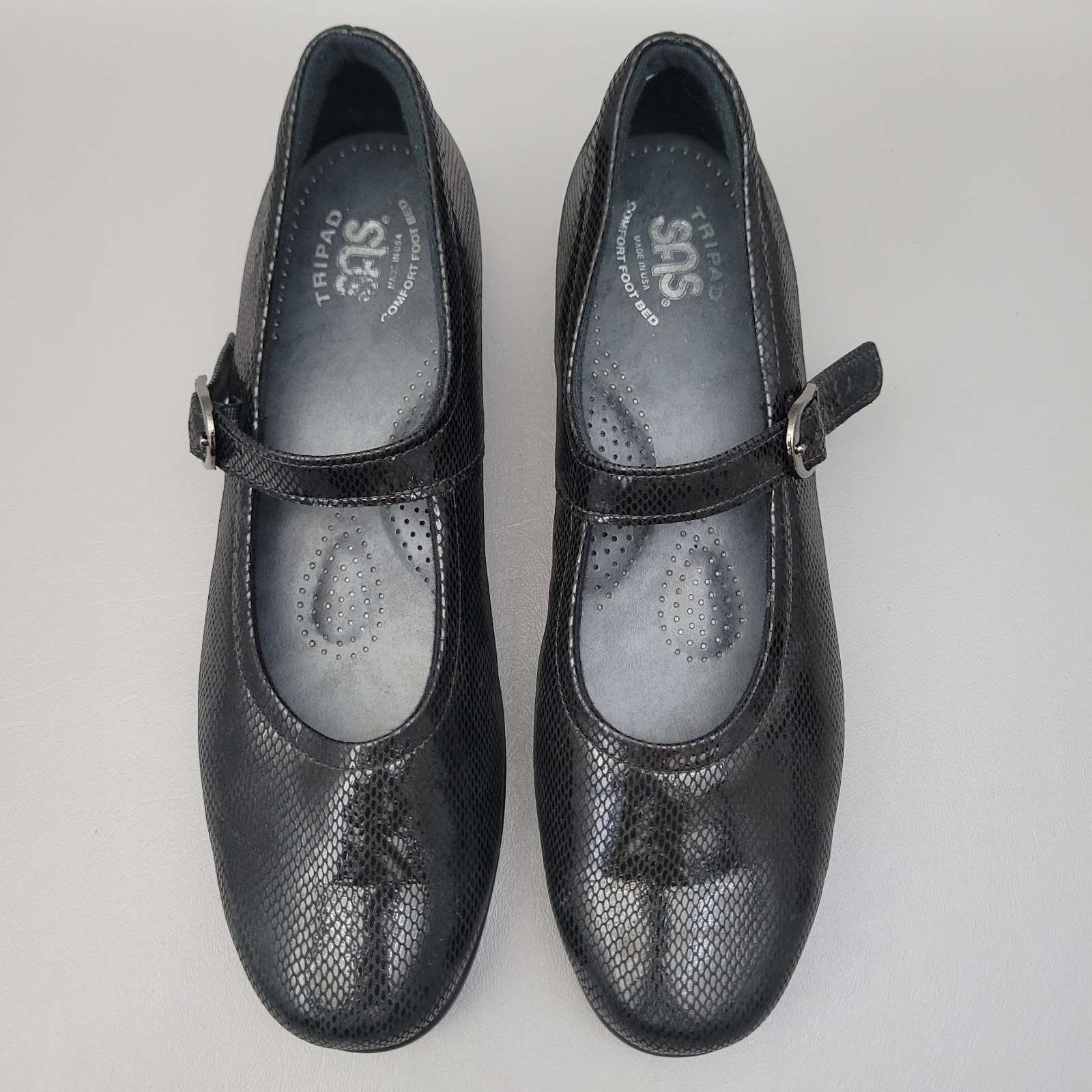 SAS Maria Black Leather Mary Jane Comfort Shoes Snake Print Womens Size 9 N