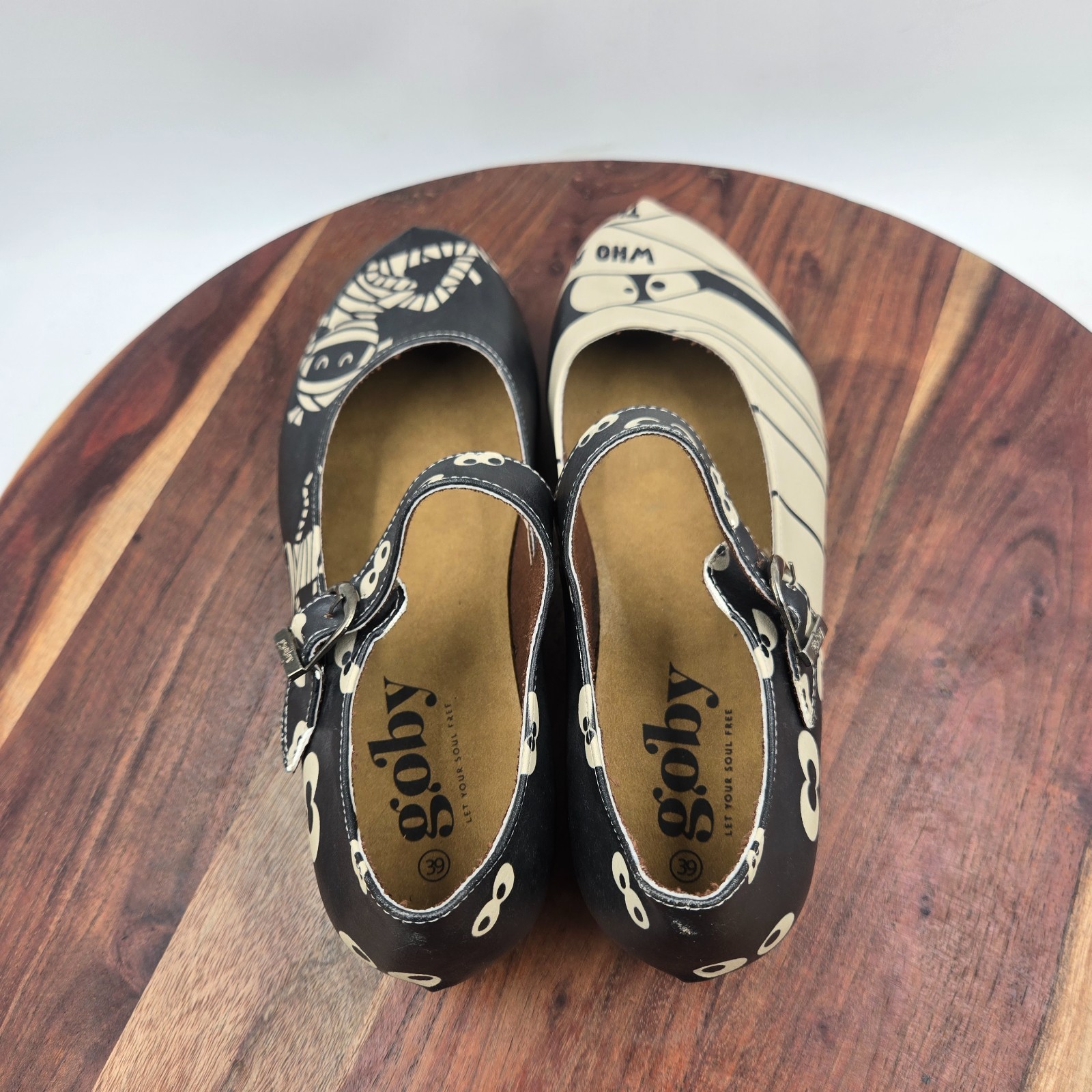 Goby Mary Jane Shoes Womens 39 / 8.5 Black Beige Vegan Halloween Skeleton Loafer