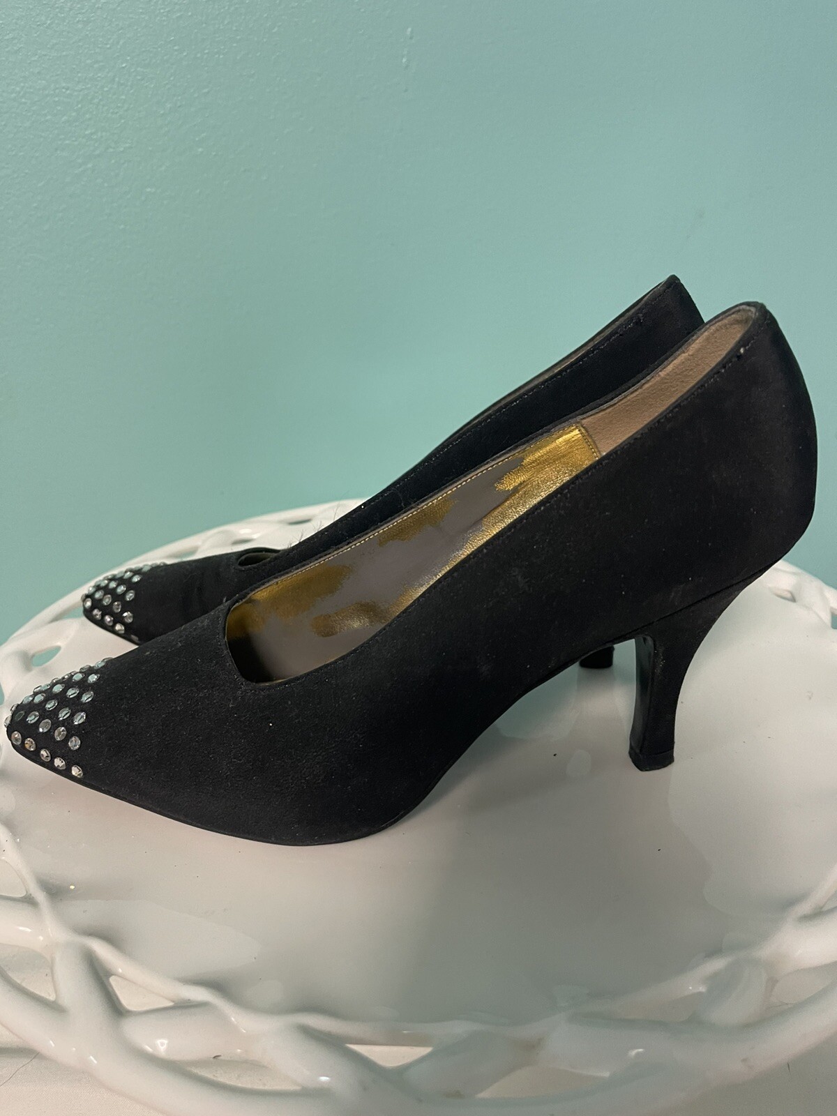 Women’s Jennifer Moore Dress Heels 8M N Black w White Rhinestone Trim
