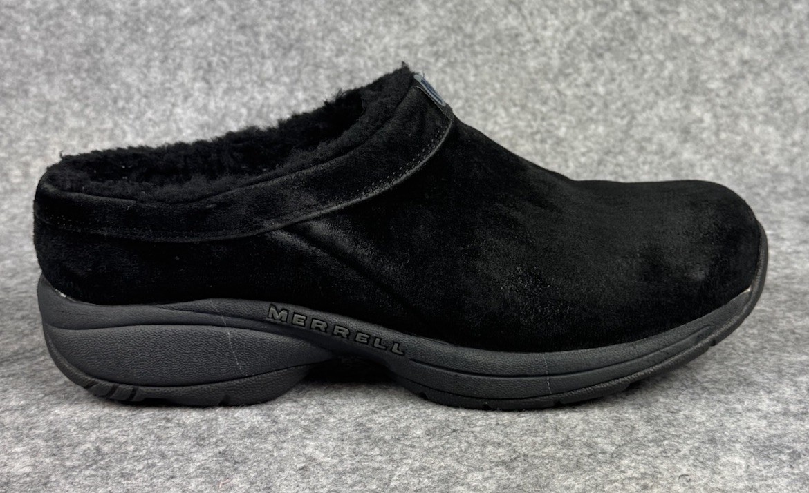 Merrell Encore Ice Black Suede Faux Fur Lined Clogs Women’s 9.5 Slip Ons *Read*