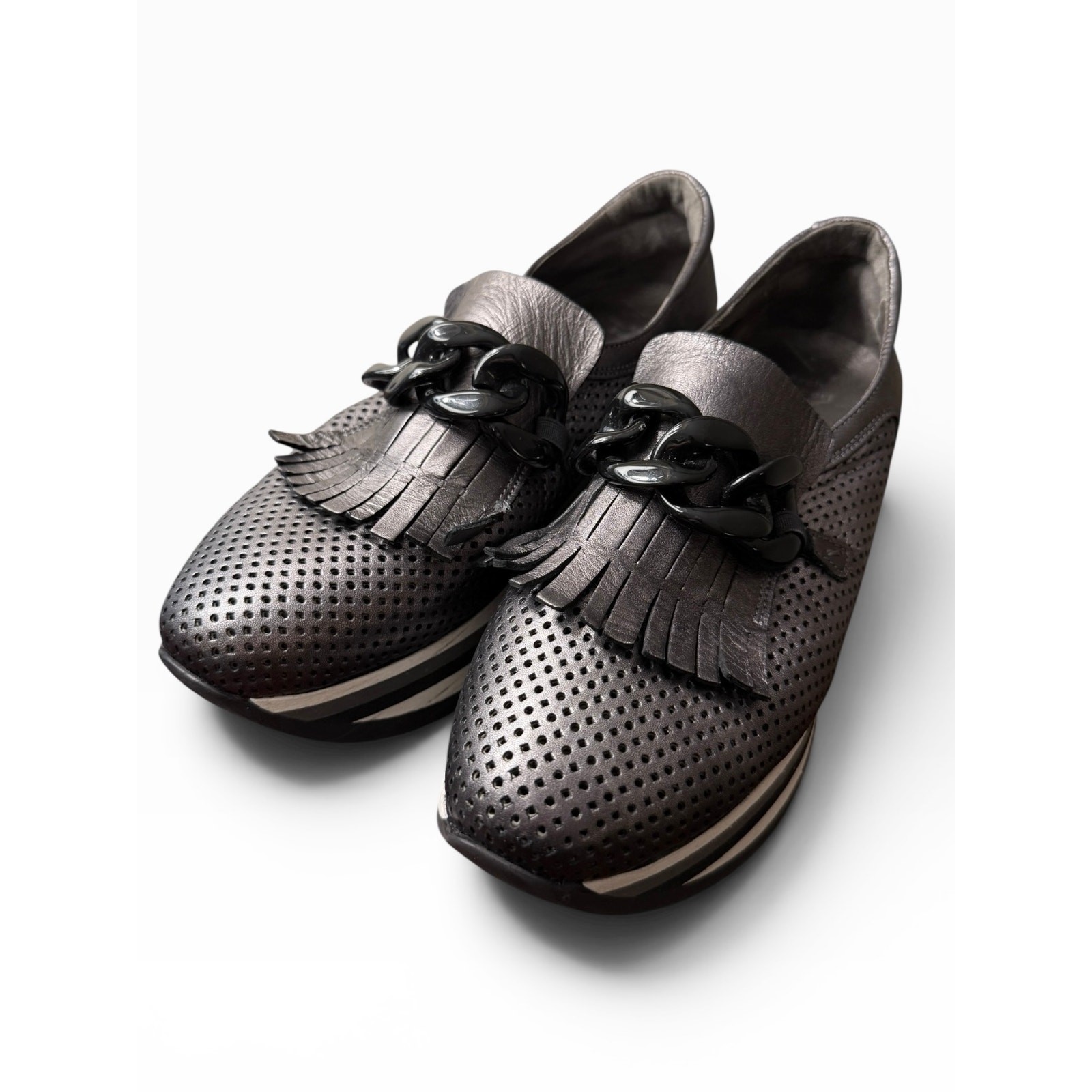 Softwaves Platform Loafers Fringe Chain Perforated Leather Comfort Shoes EU39