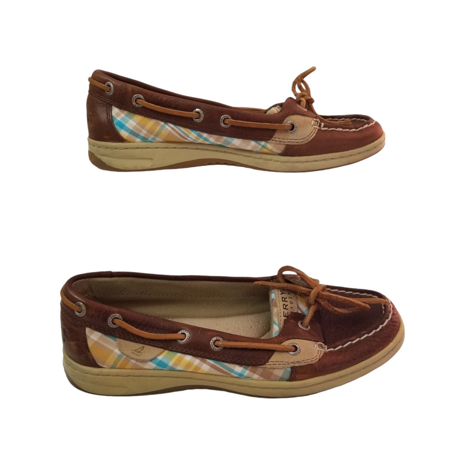 SPERRY Women Top Sider Boat Shoes One Eyelet Plaid Cloth Brown Leather Sz7M
