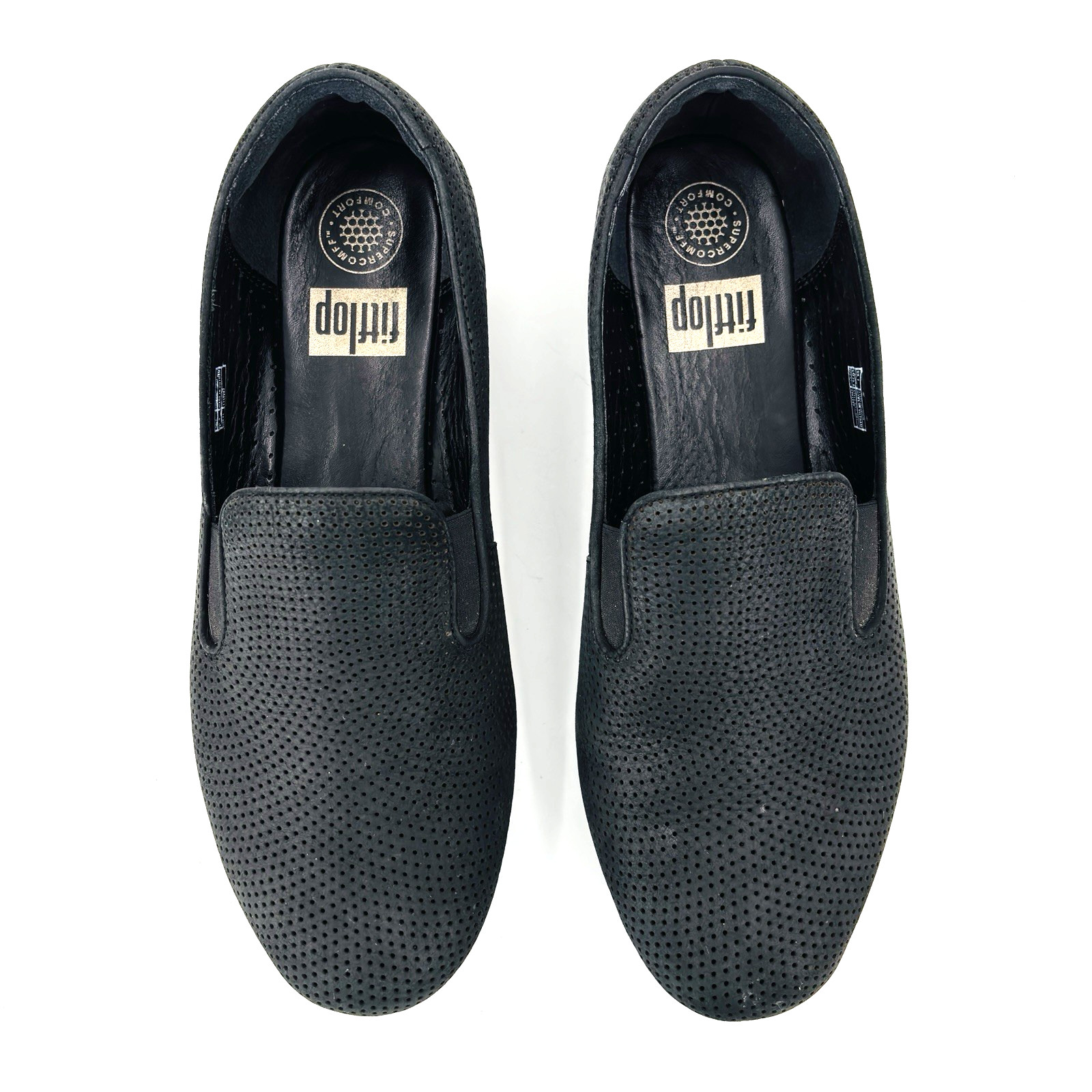 Womens 9 FitFlop SuperSkate Slip On Black Leather Loafers Shoes C27-001