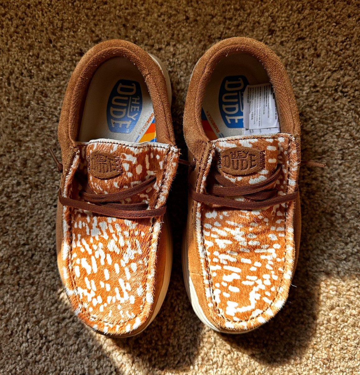 Hey Dude Wendy Comf Luxe Tan Suede Animal Print Slip-On Comfort Shoes W6