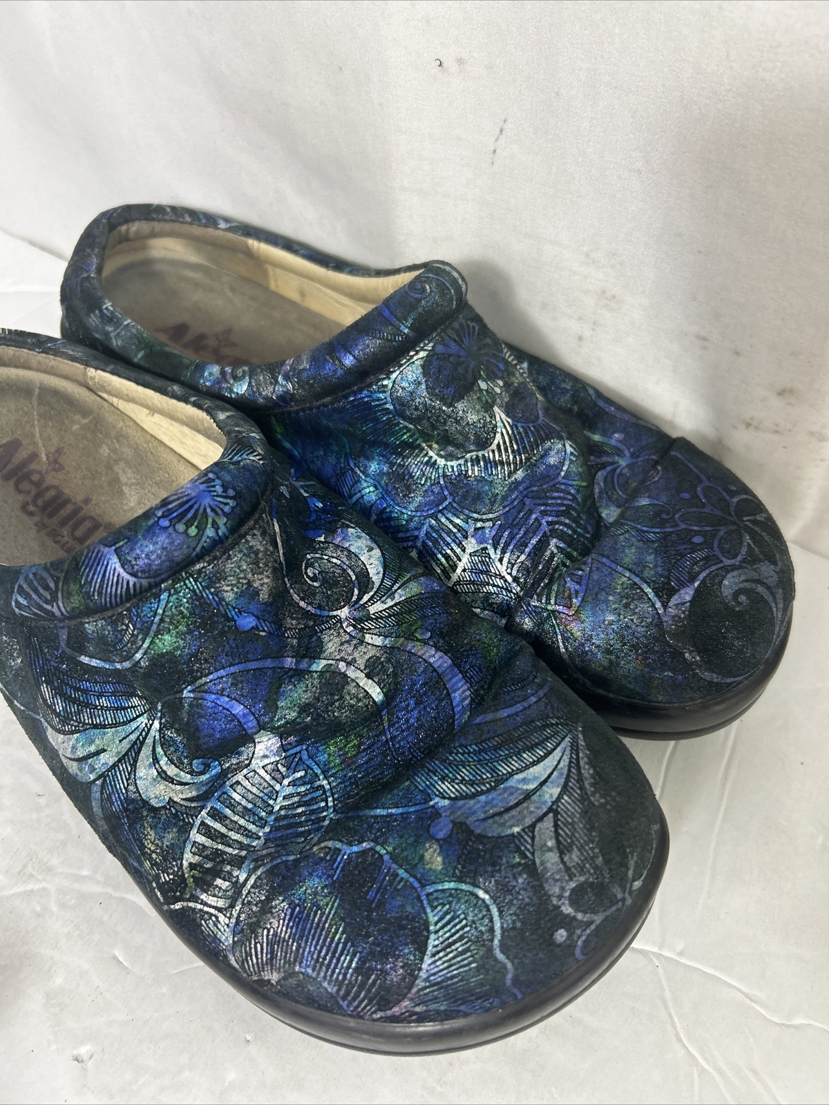 Alegria Mules Clogs Shoes Kay-264 Womens 38 Blue Green Leather Flowers Slip Ons