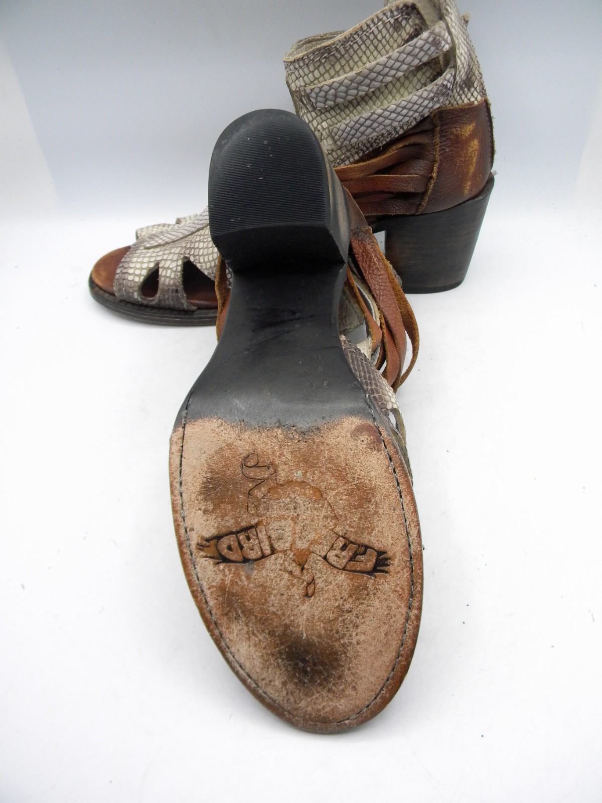 FREEBIRD by Steven Nest Snake Print & Brown Leather Block Heel Sandal Sz 9
