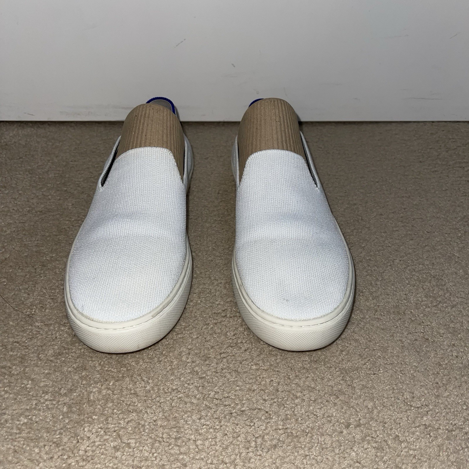 Rothy’s White Slip On Sneakers Blue Stripe Knit Sustainable Size 8.5