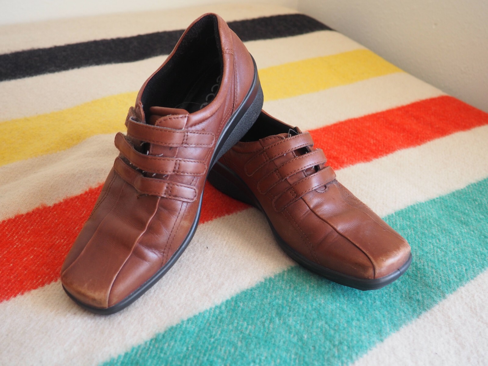 ECCO LIGHT Brown Hook and Loop Straps Vegetable Tanned Comfort Shoes Women’s 38