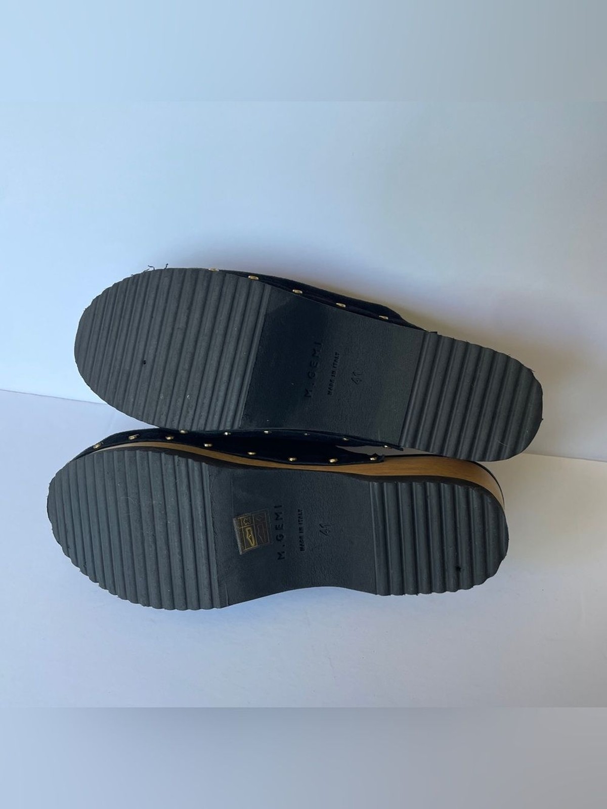 M. Gemi The Greta Black Suede Studded Clog Mule Wood Heel EU 41 US 10 Italy