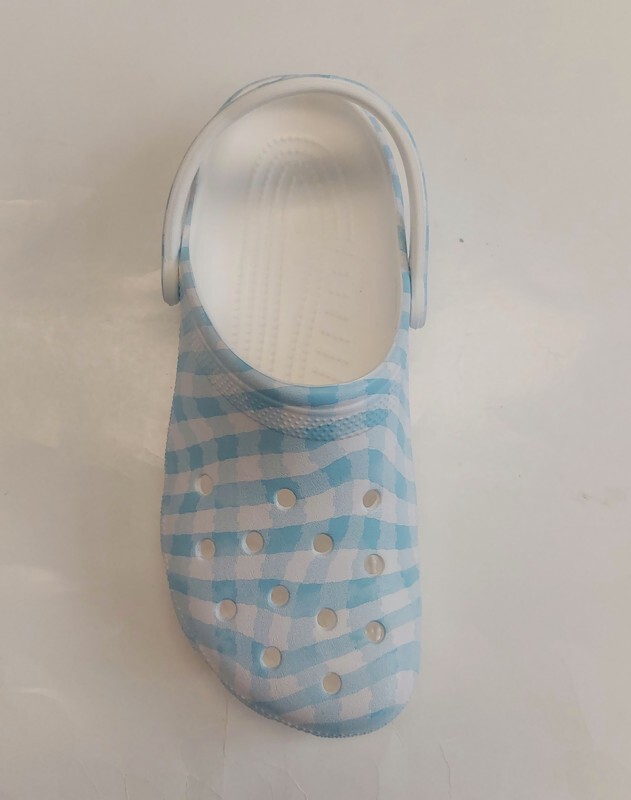 Crocs Classic Gingham Clogs Mens Size 7 Womens 9 Blue White Slip On Sandals Shoe