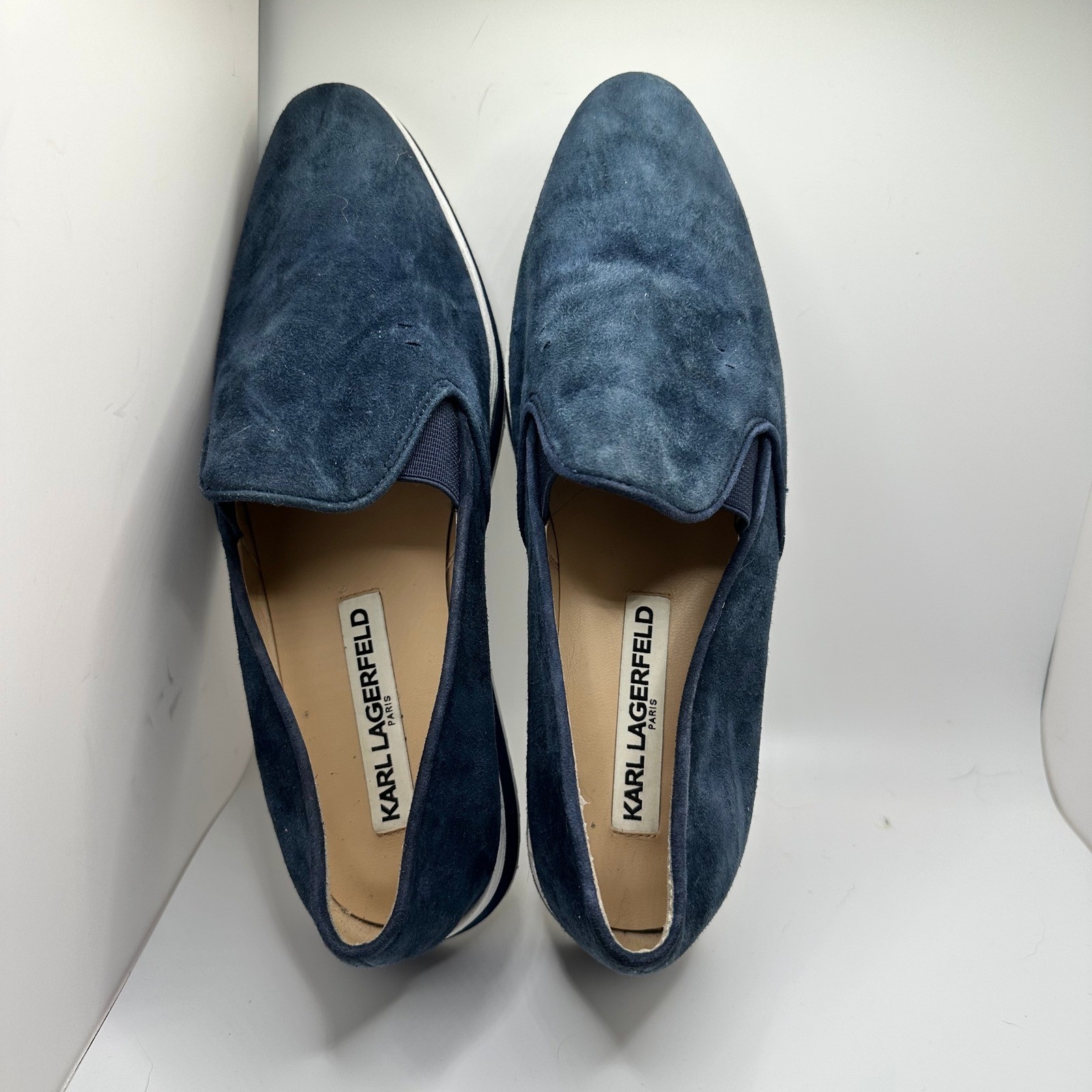 Karl Lagerfeld Navy Blue Suede Platform Slip On Sneakers Shoes Womens 6 M