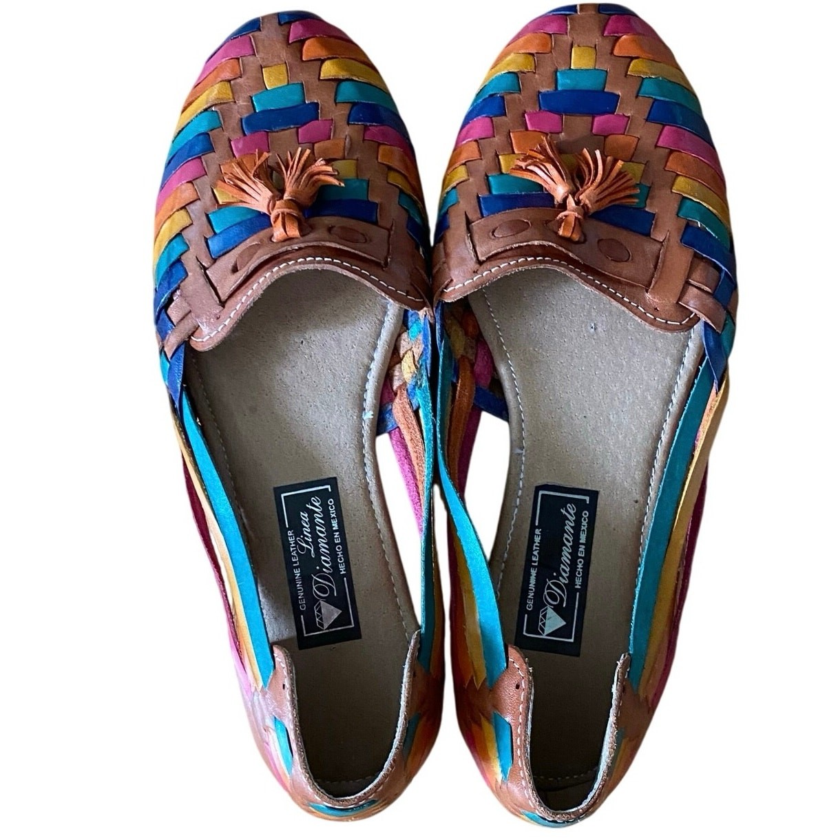 Women’s Slip On Sandal, Leather, 6.5, Tan/Multi colors, Made in Mexico, Size 6.5
