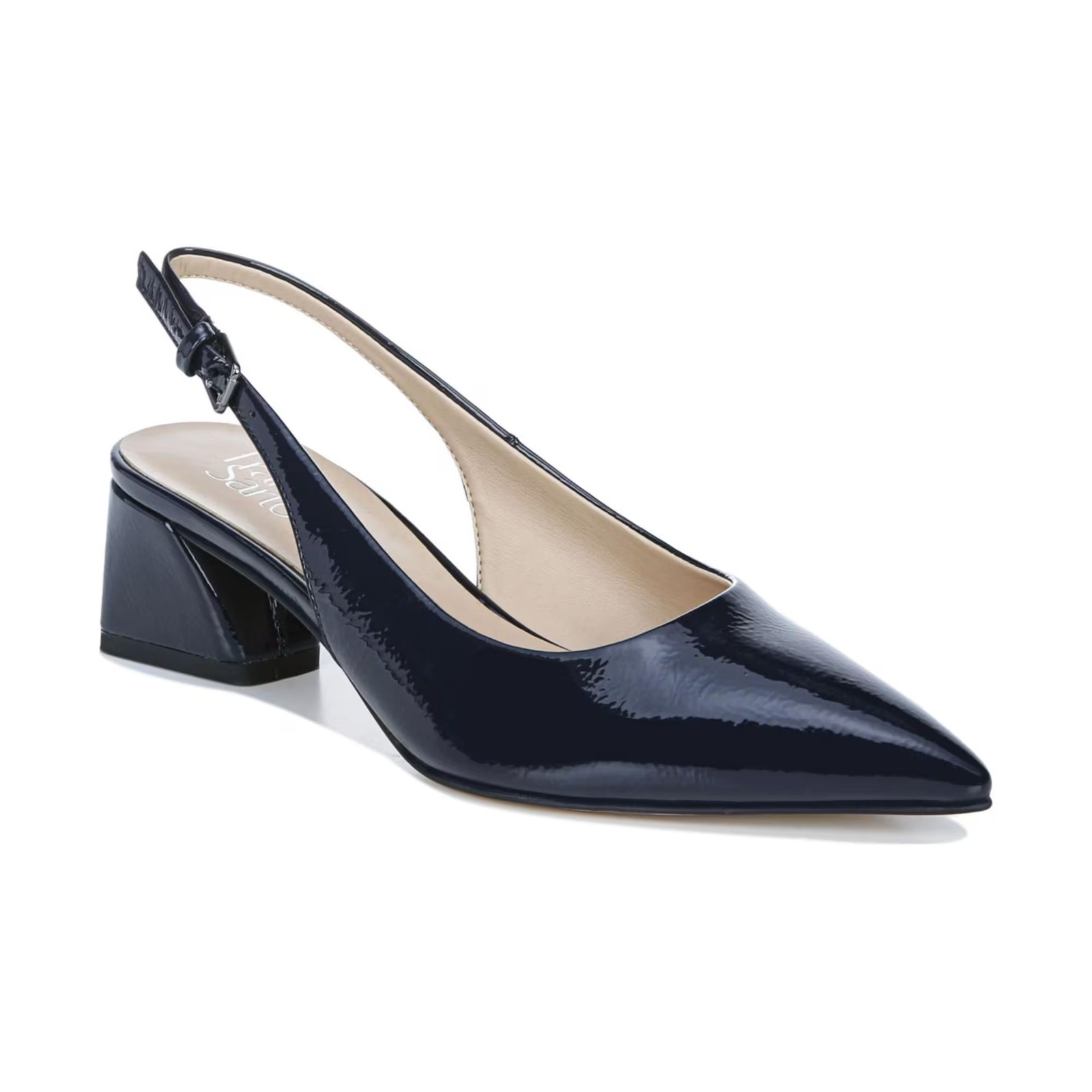 Franco Sarto Racer Pointed Toe Block Heel Slingback Pumps Midnight Faux Patent S