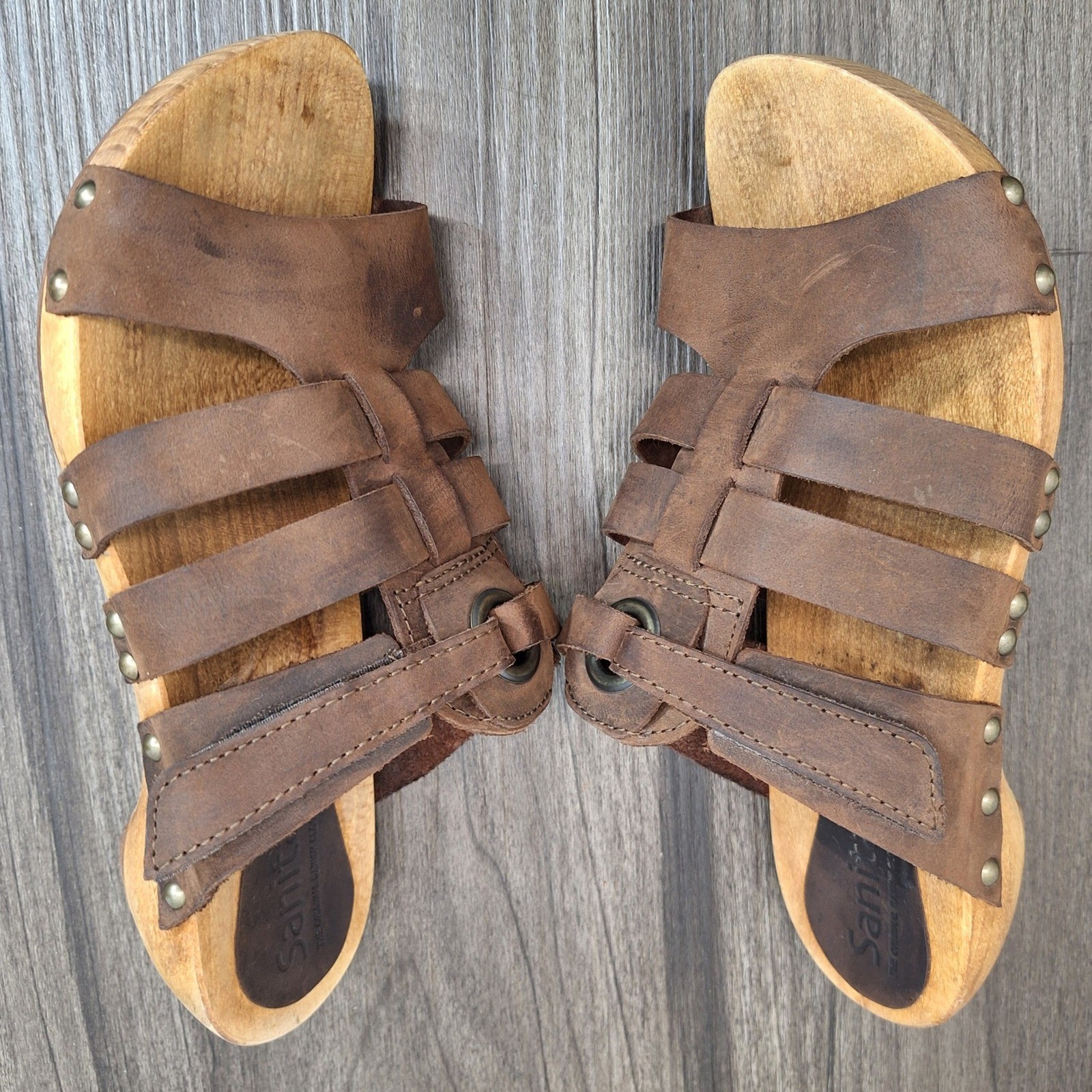 Sanita Brown Leather Wood Platform Clog Sandals Women’s 7.5 Strappy Danish Clogs