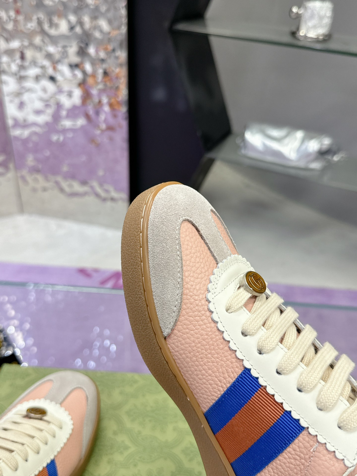 Gucci Pink Grey Suede Web Stripe Vintage German Trainer Women’s Sneakers