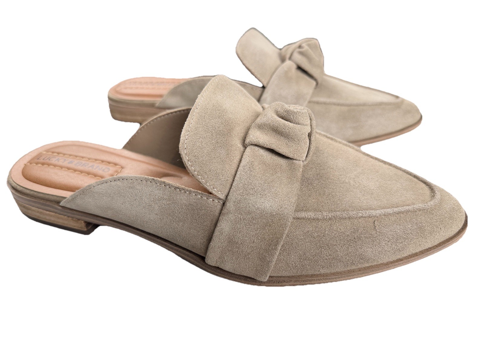 Lucky Brand Adenia Mule Flats Womens 8M Beige Suede Pointed Toe Knot Slip On