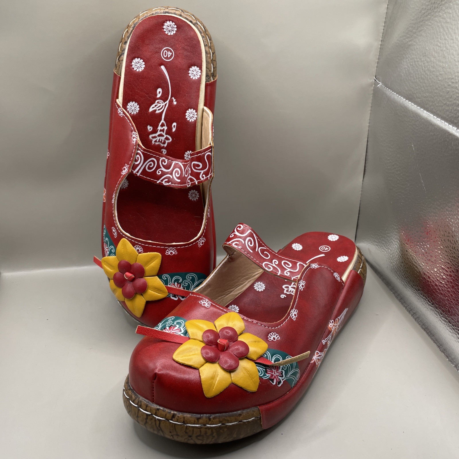 Boho Women’s Slip On Clogs Size 40 EUR Size US 9 Red with Yellow Flowers
