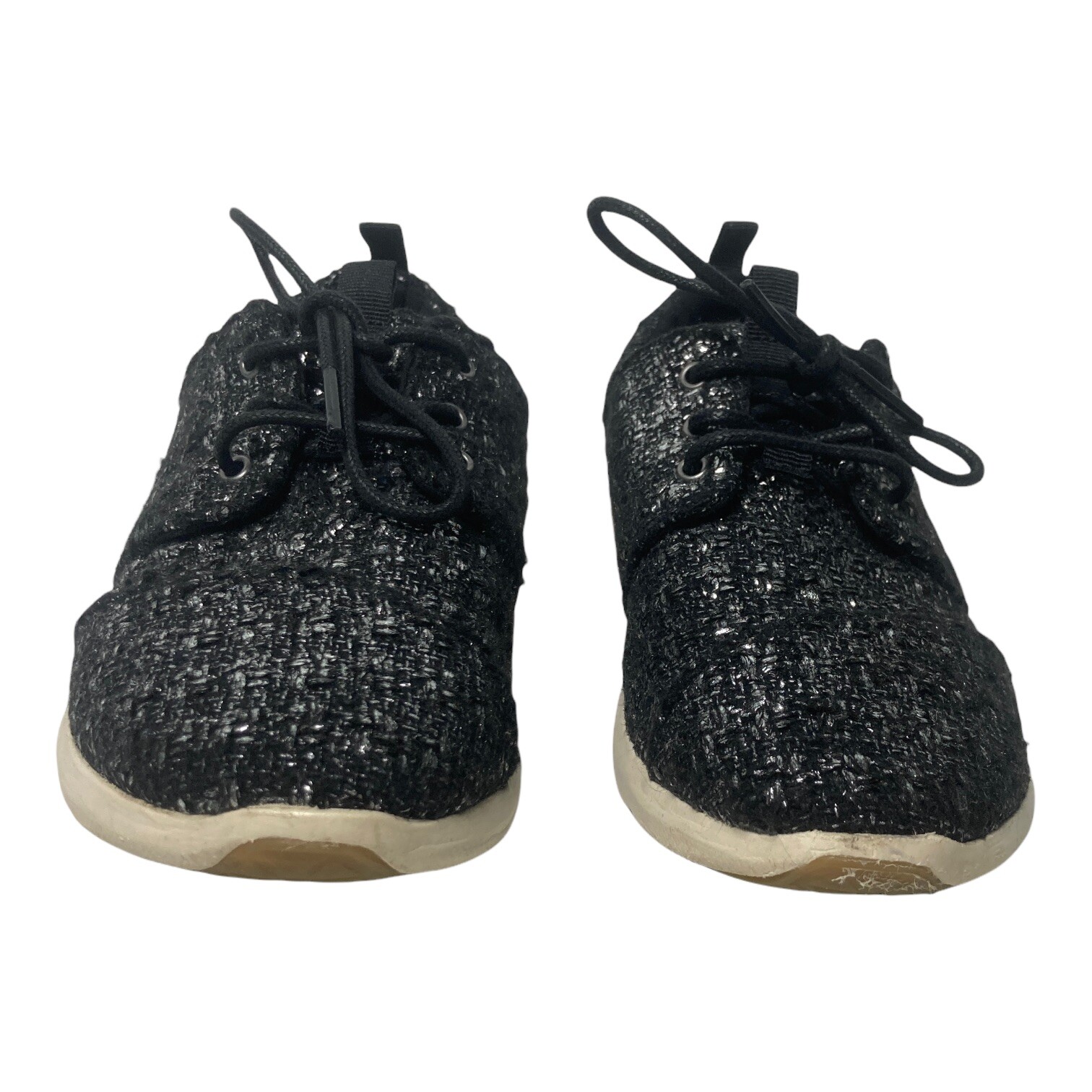 Toms Del Rey Women Size 6.5 EU 37 Textured Fabric Black Silver Lace Up Sneakers
