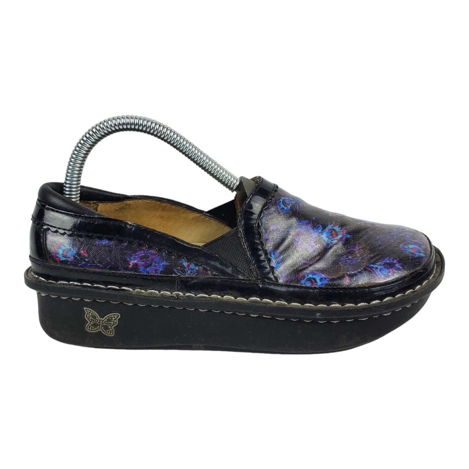 ALEGRIA Shoes Womens 38 US 7 Black Peacock Animal Print Nursing Clogs DEB-365